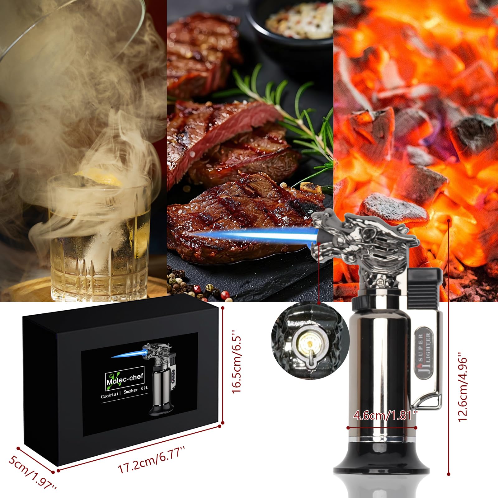 Kit per Affumicatore da Cocktail con Torcia, Mini Affumicatore Cocktail Set con 4 Gusti Tucioli di Legno e 4 Cubetti di Ghiaccio, Kit per Fumatori di Bevande per Whisky, Bevande, Bourbon, Bistecche