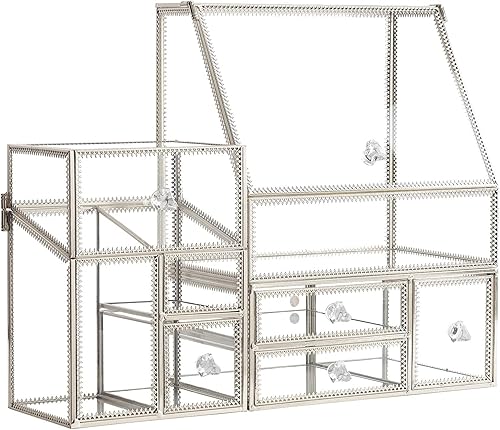 Miniatura 3 de Organizador de maquillaje de vidrio para tocador, juego de cajones apilables, 2 piezas, caja de almacenamiento de cosméticos para encimera antigua,