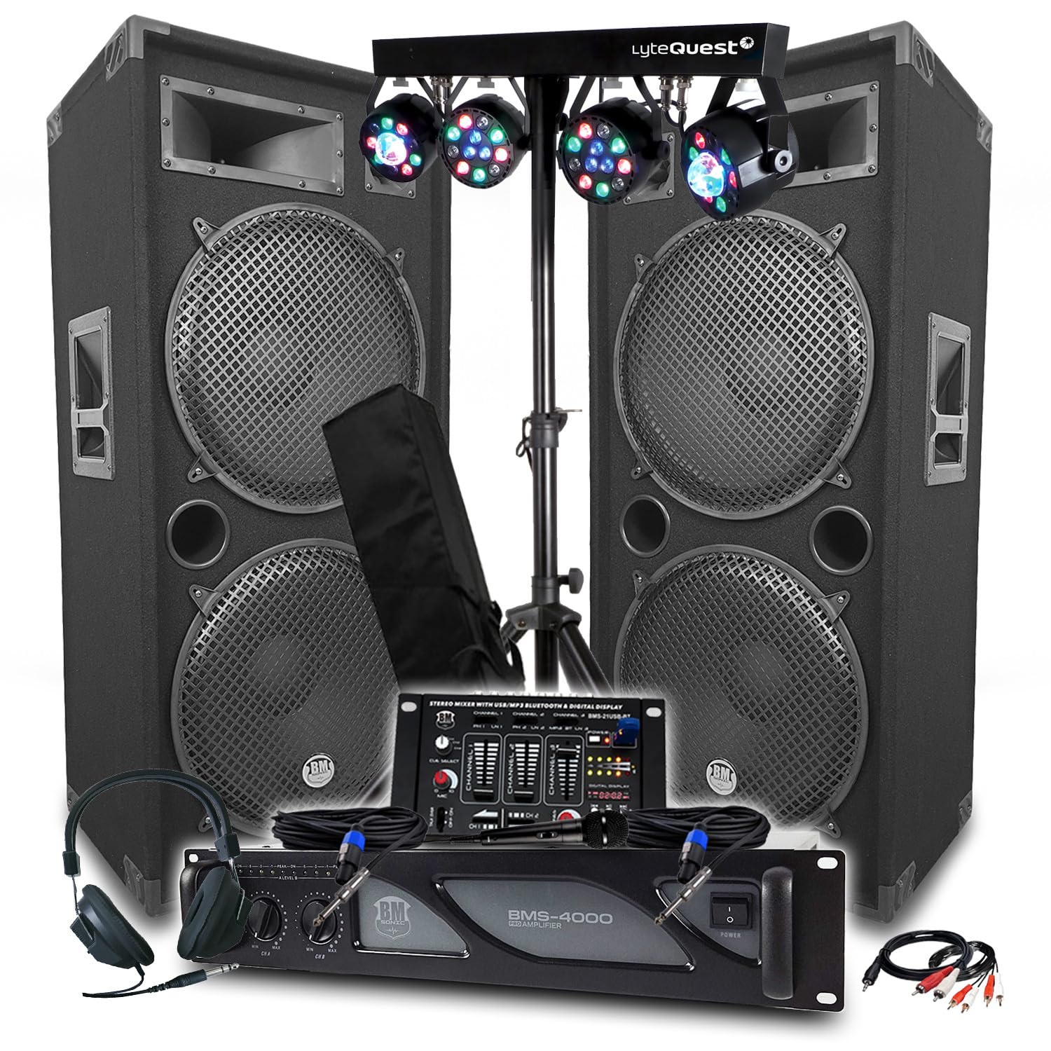 Pack Sono BM Bmsonic Amplificateur 4000W, Paire d'Enceintes LSC215 2x2000W, Table de Mixage Bluetooth, Portiques 8 Lumières LED