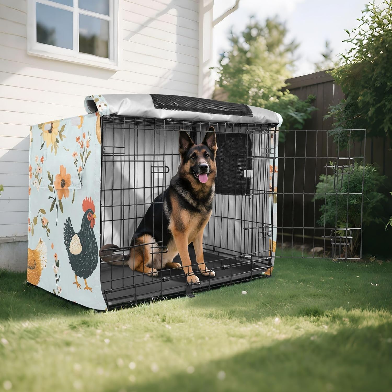 Chickens Floral Teal Pet Cage Cover with Mesh Windows, Wind-Resistant Crate Cover, Large
