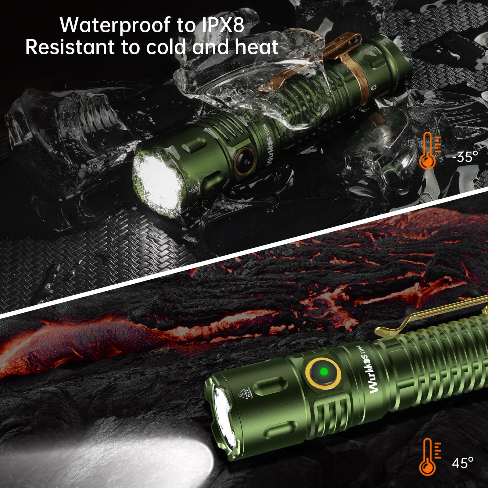 Wurkkos TD04 Latarka taktyczna, latarka ręczna do ładowania, 3000 lumenów, super jasna latarka LED z portem ładowania typu C, przełącznik tylny, na kemping, wędrówki, sytuacje awaryjne, wodoodporność