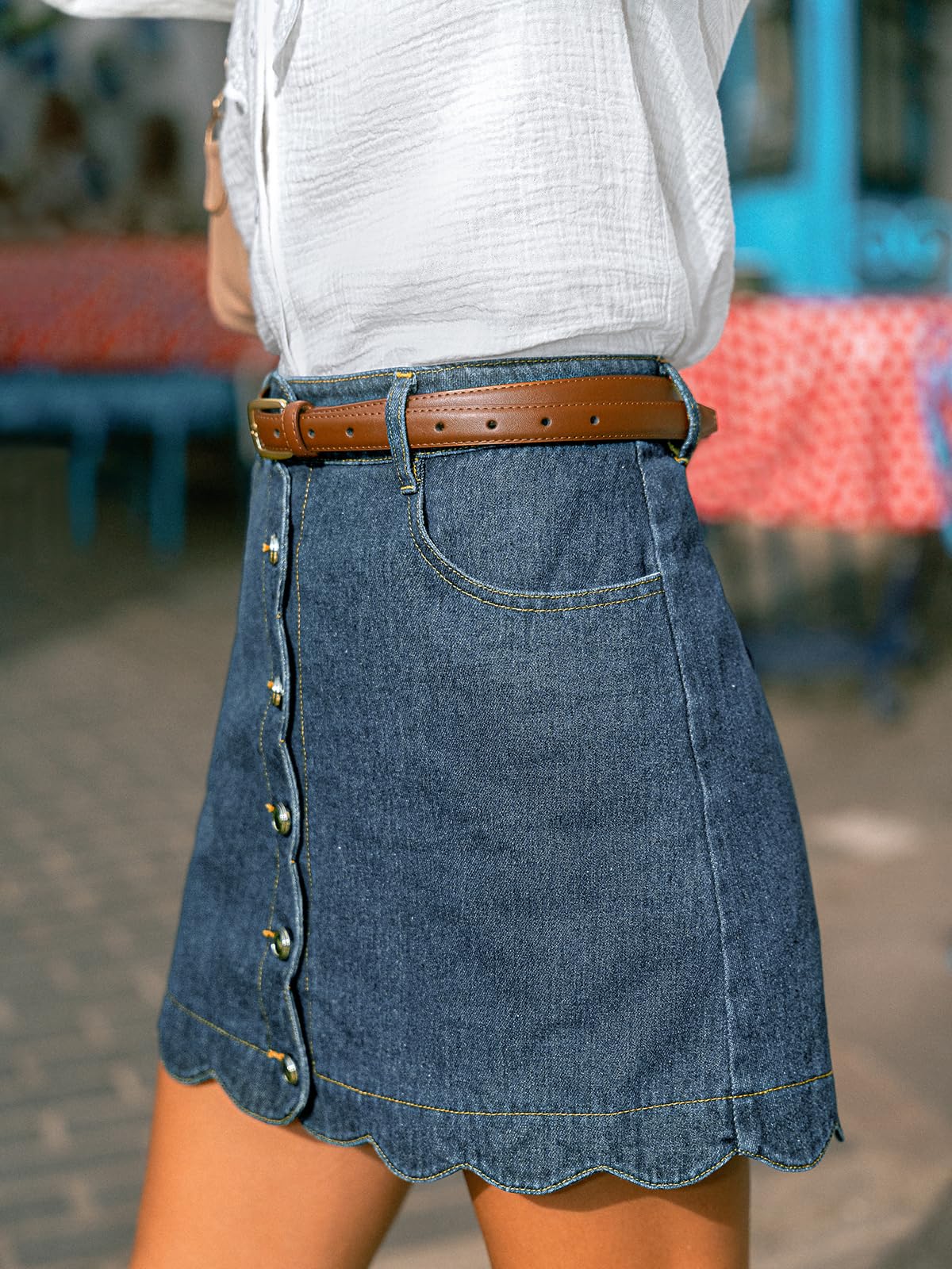 CUPSHE Mini falda vaquera para mujer, cintura alta, dobladillo ondulado, minifalda vaquera informal con bolsillos
