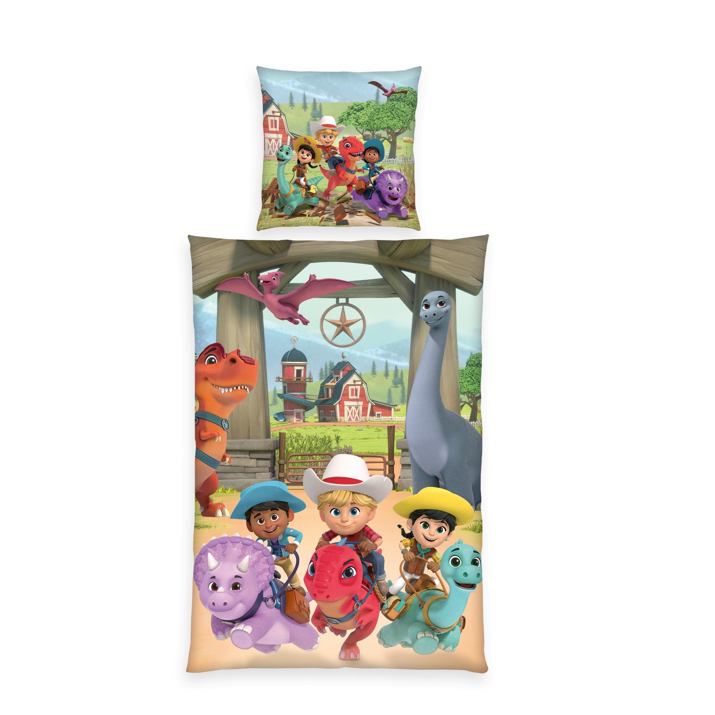 Herding Bedding Set Dino Ranch, Pillowcase 80 x 80 cm, Duvet cover 135 x 200 cm, With smooth zipper, Cotton