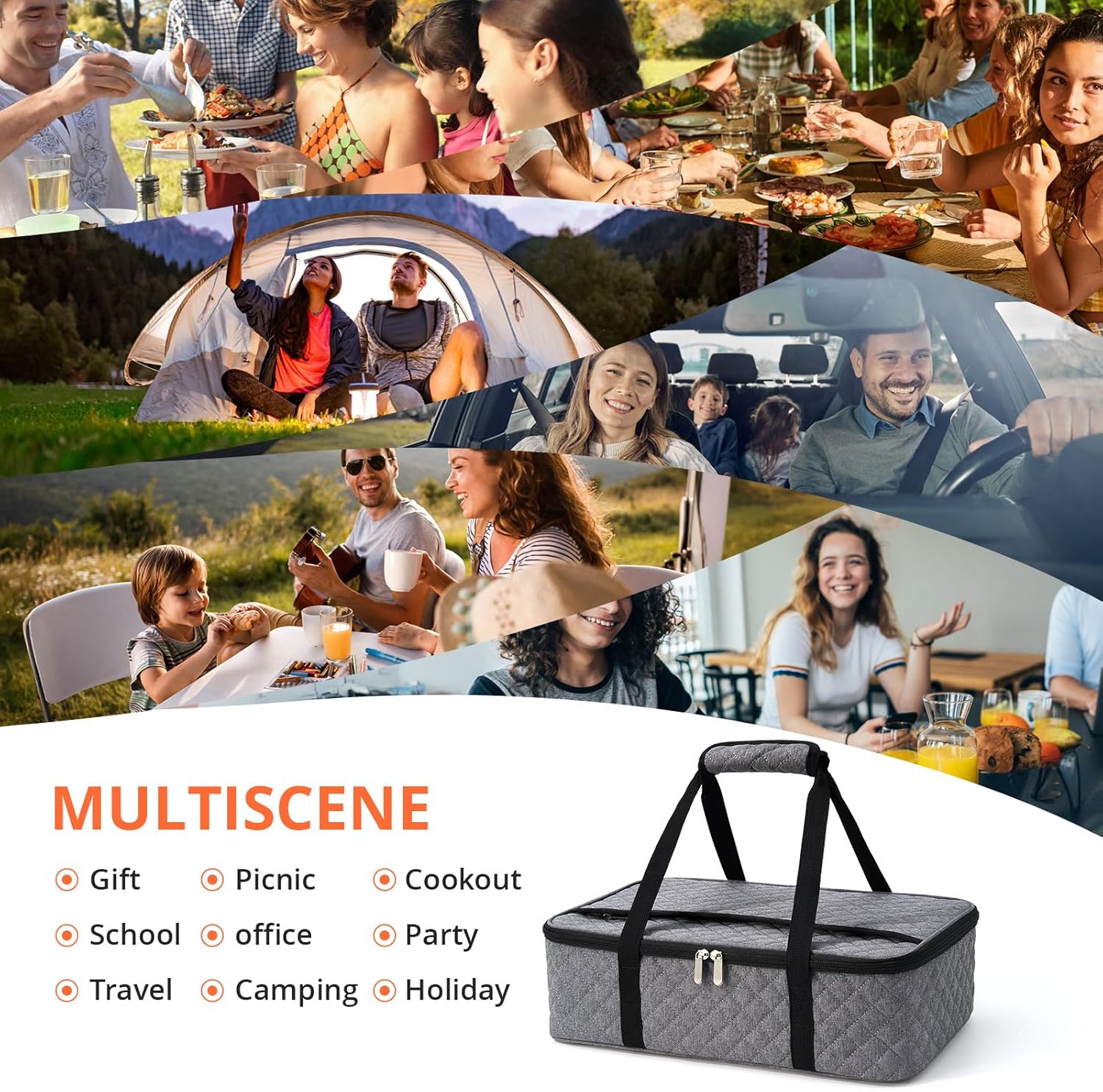 Casserole Carrier - Large Portable Insulated Food Carrier for Hot or Cold Food, Lunch Tote Warmer or Cooler Bag, Lasagna Lunch Bag for Work Picnic Hiking Beach - Fits 16" x 10"Baking Dish-Grey - Image 7