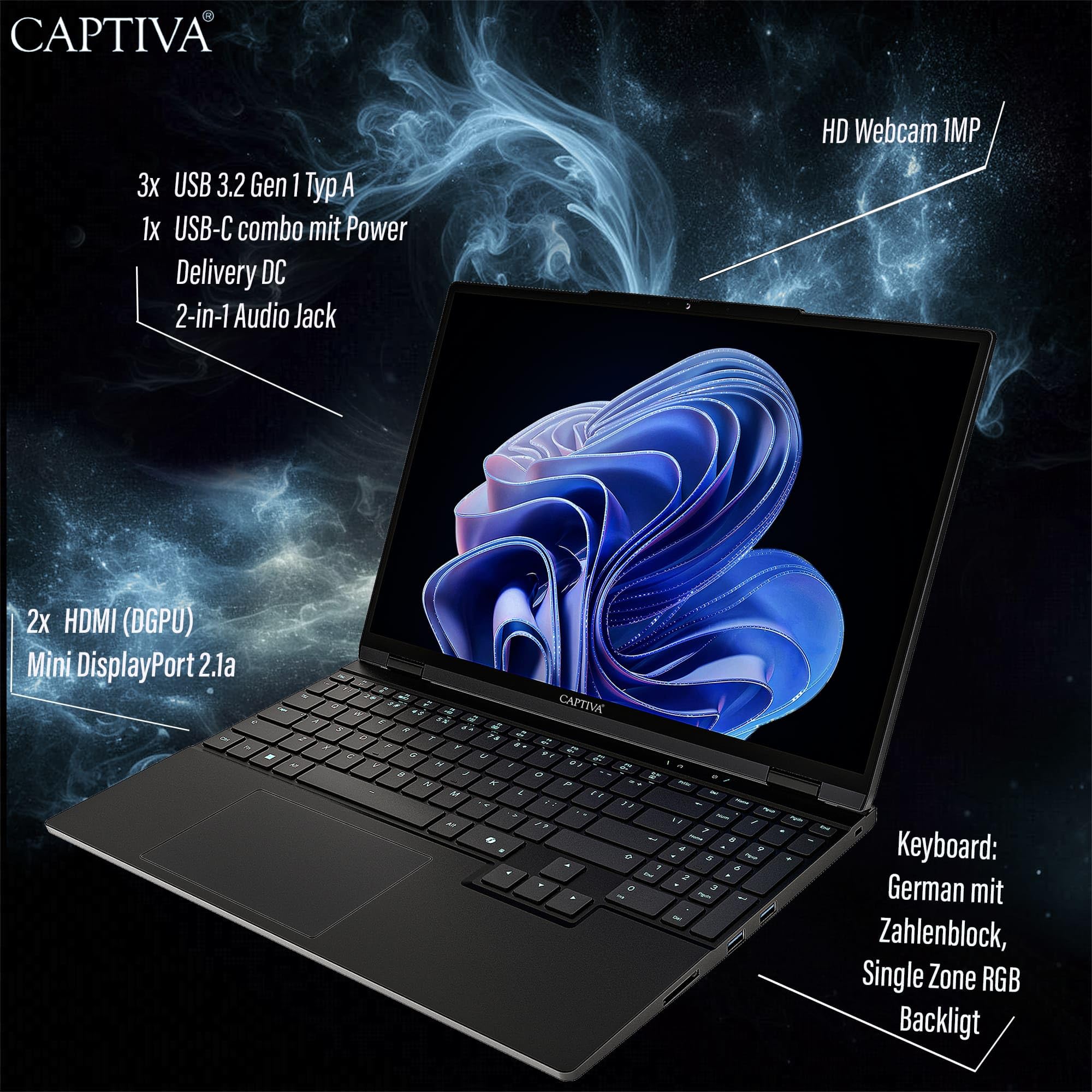 Captiva Notebook Highend Gaming R10-3078GE | AMD Ryzen 7 255 | 32GB DDR5 RAM | NVIDIA GeForce RTX 5070 8GB | 1 TB SSD | 15,3 Zoll WQXGA 180Hz | Windows 11 Home