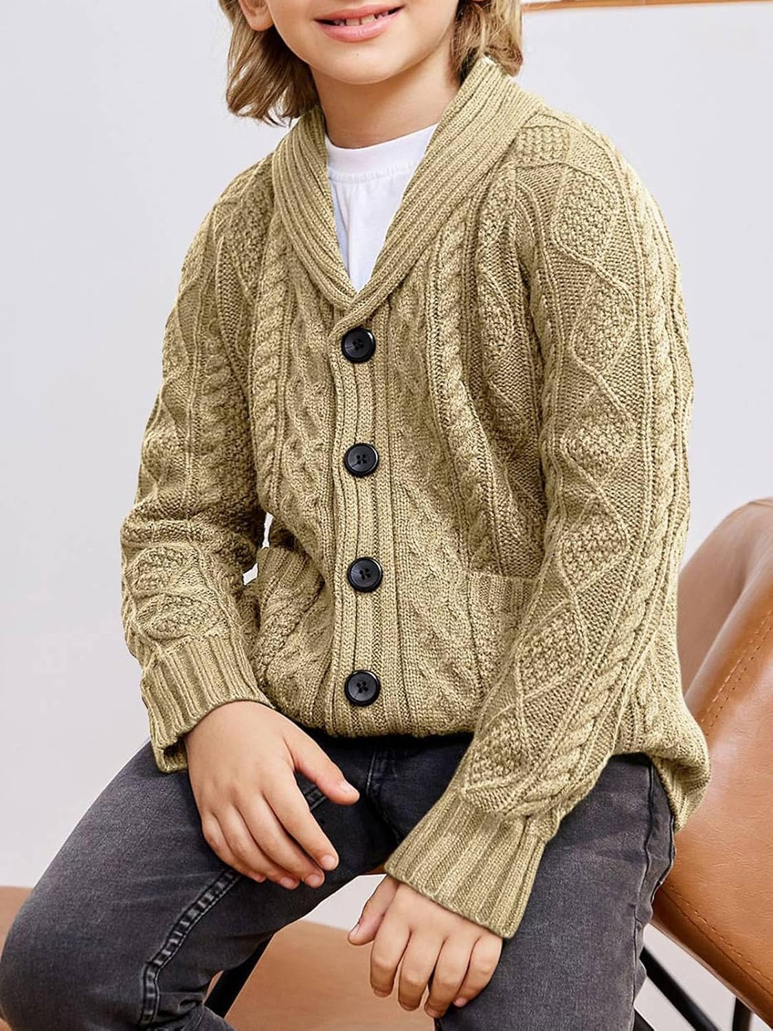 rrhss Boys Cable Knit Cardigan Sweater Kids Button Down Shawl Collar Outwear Sweater with Pockets 3-12 Years - Image 5