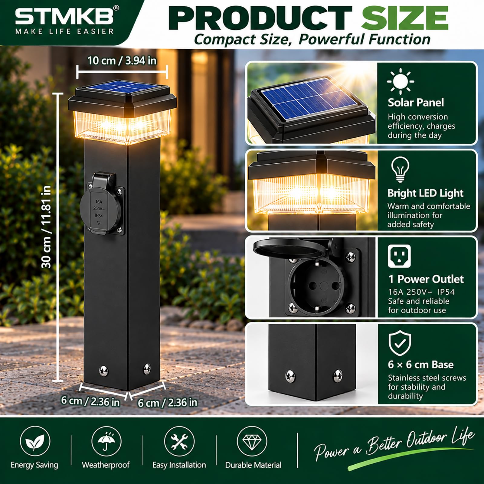 Poste De Luz Solar para Exteriores, 1 Toma De Corriente, Ip54, Resistente A La Intemperie, Pedestal Eléctrico para Jardín, Patio Y Paisajismo.