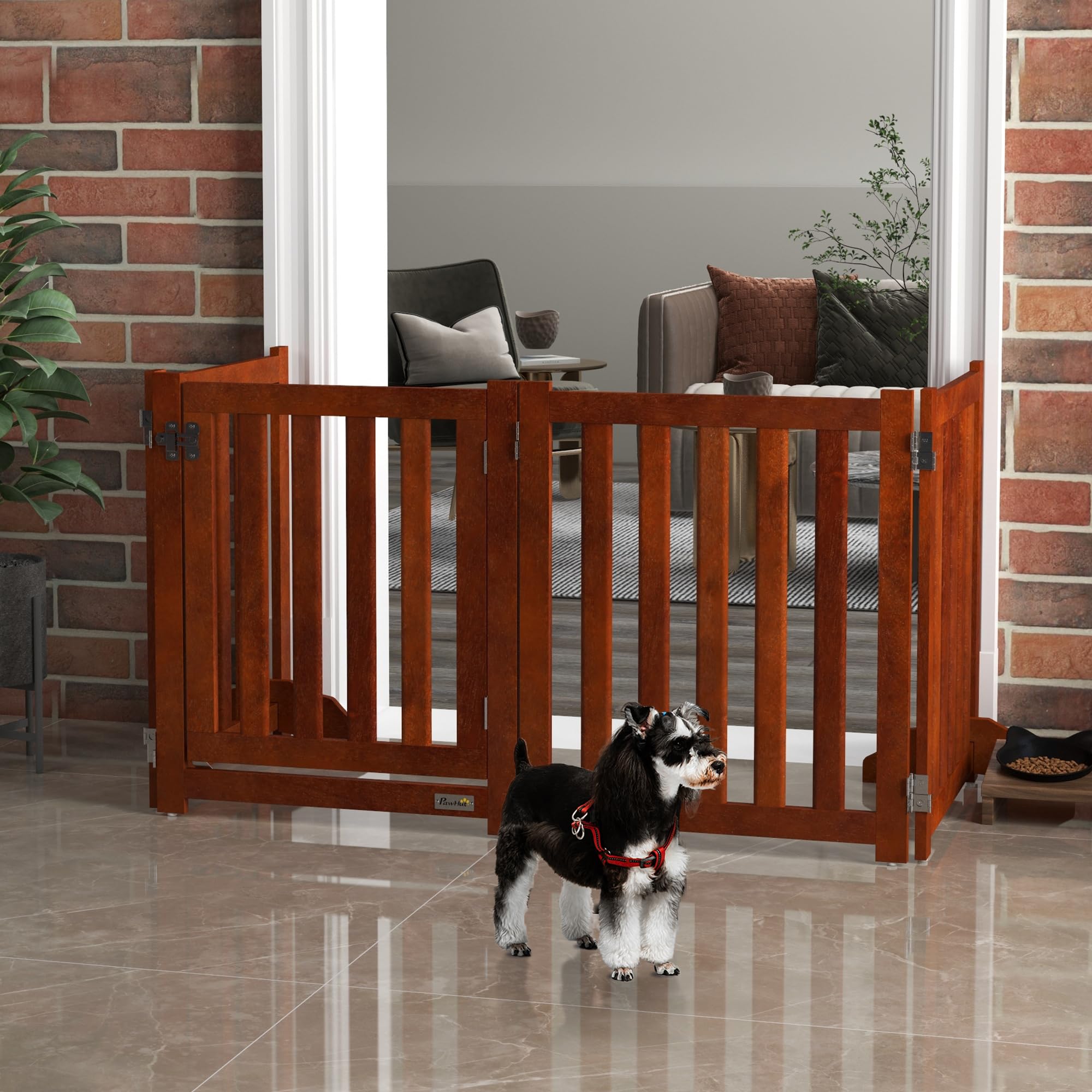 PawHut Recinto per cani in legno bifacciale pieghevole e autoportante, recinto per cani da interno a 4 pannelli con porta, con piedini di sostegno, per animali domestici, 205 x 60 cm, marrone