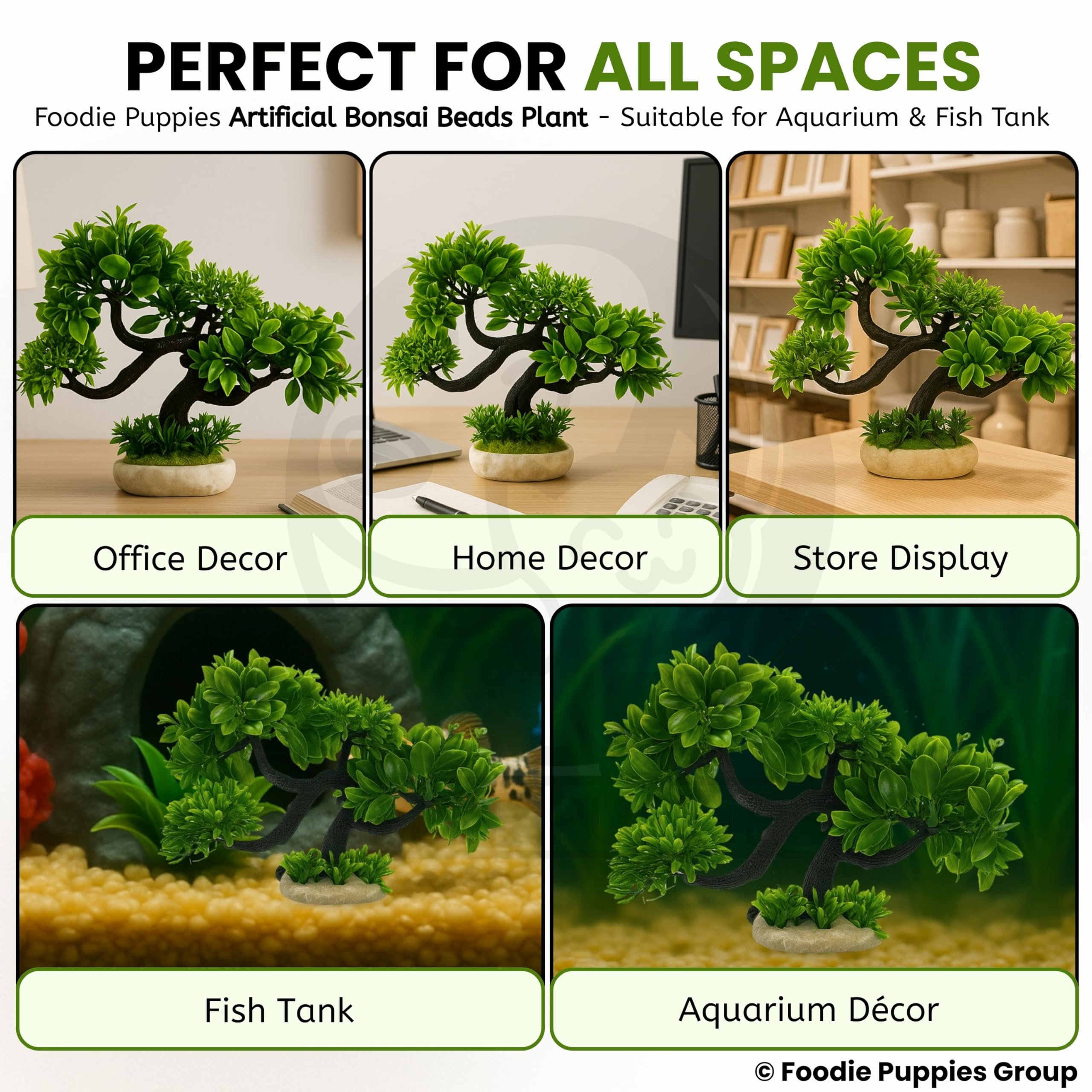 Foodie Puppies Aquarium Plastic Plants with Resin Base Decor - (Bonsai Beads Plant, 8 x 4 x 20 cm) for Fish Tank Ornament Accessories, Natural Looking Artificial Plant for Freshwater & Saltwater 4