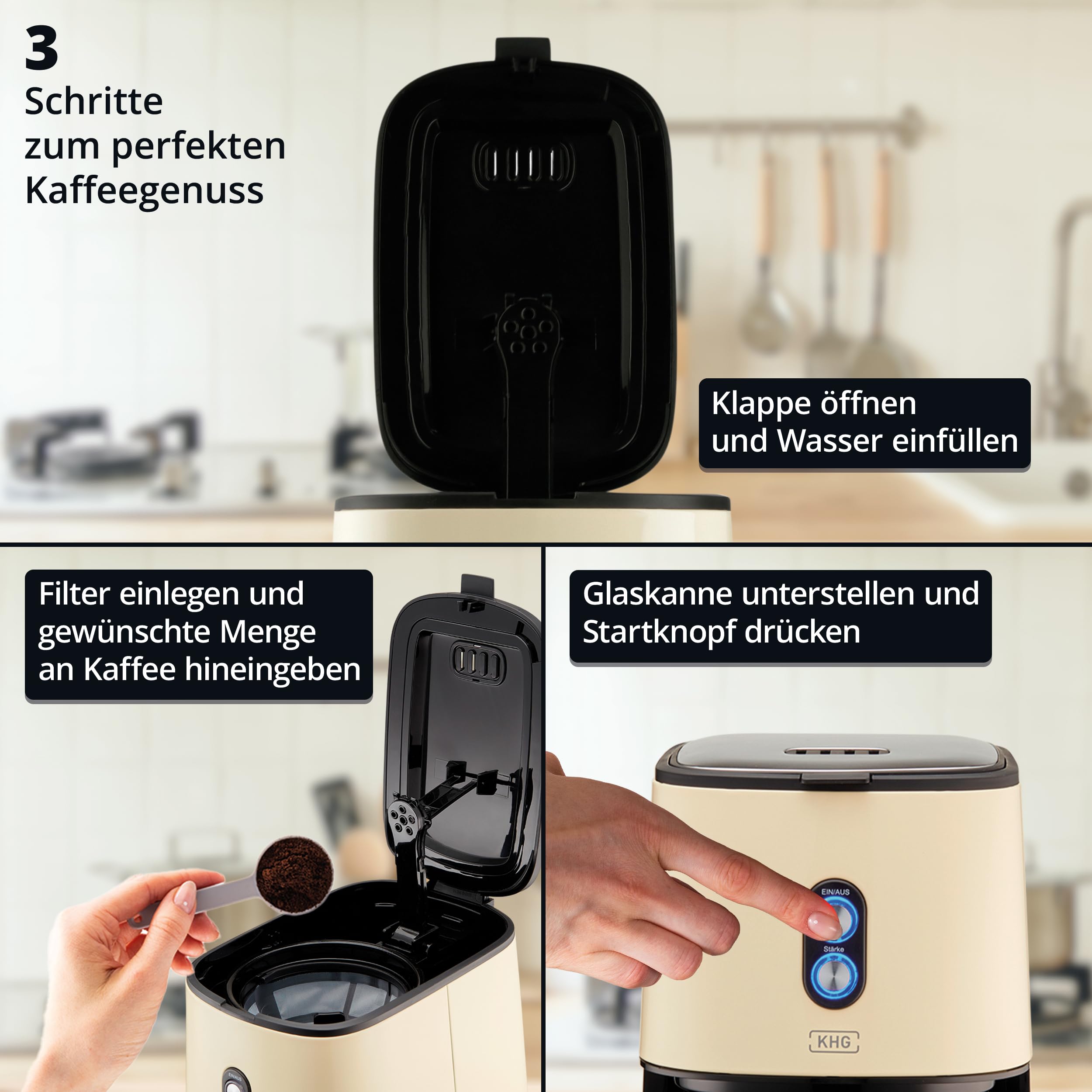 KHG Retro Filter-Kaffeemaschine KA-185 CE in creme aus Edelstahl/Kunststoff, Kapazität für 12 Tassen, 1,5 Liter Glaskanne mit Wasserstandsanzeige, Permanentfilter, Tropfstopp