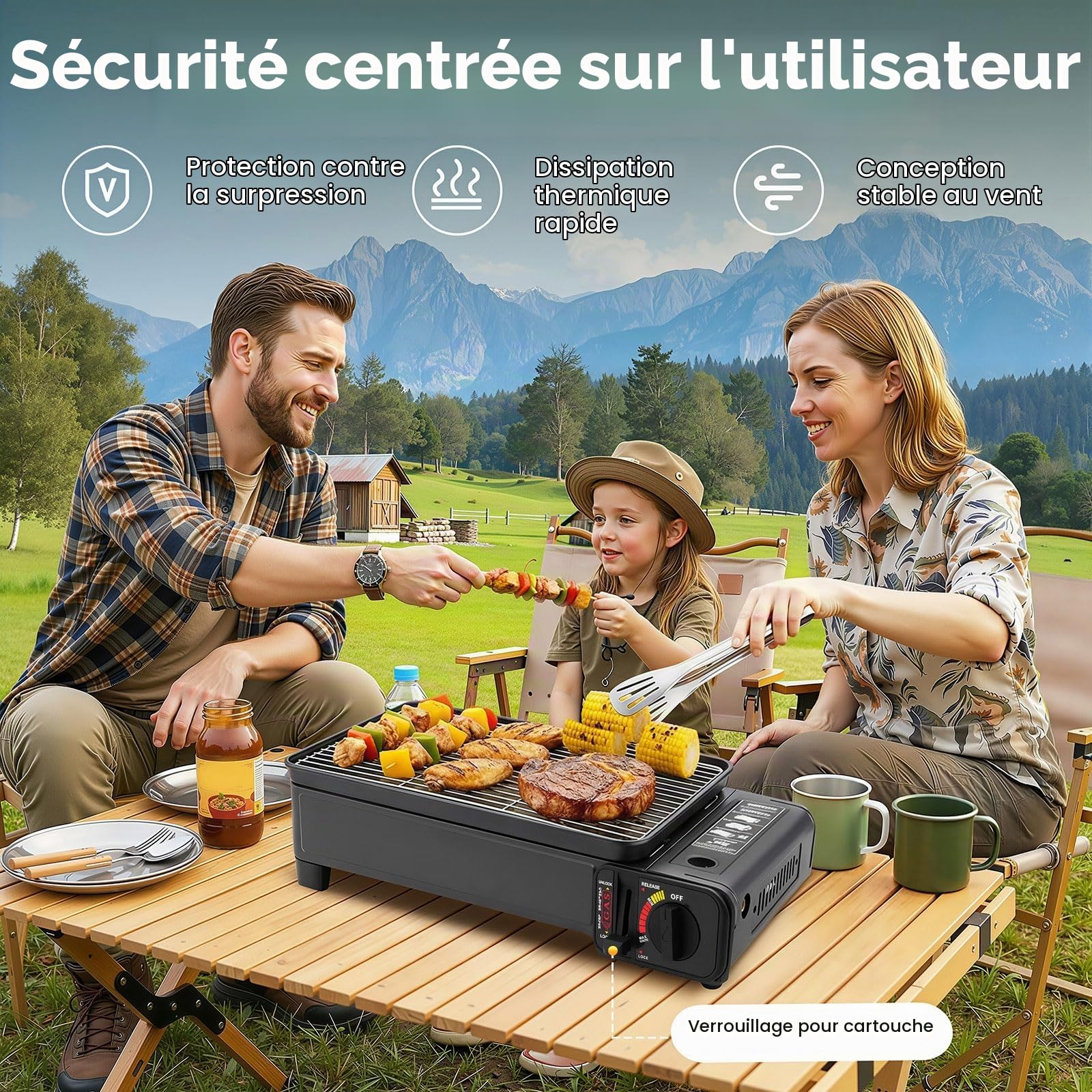 Barbecue à gaz de camping, barbecue à gaz de table 2200 W, barbecue à gaz portable avec collecte des graisses et sac de transport, réchaud à gaz de camping, barbecue à gaz pour terrasse, balcon et