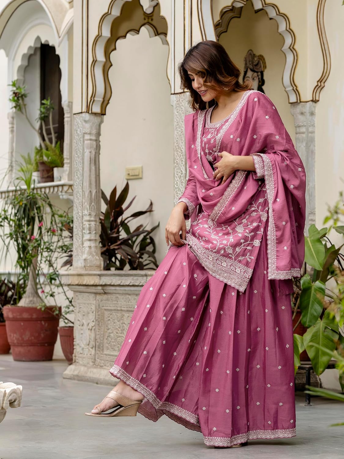 TRENDMALLS Women's Art Silk Sequins Embroidery Salwar Suit Set Kurta Palazzo with Dupatta For Women