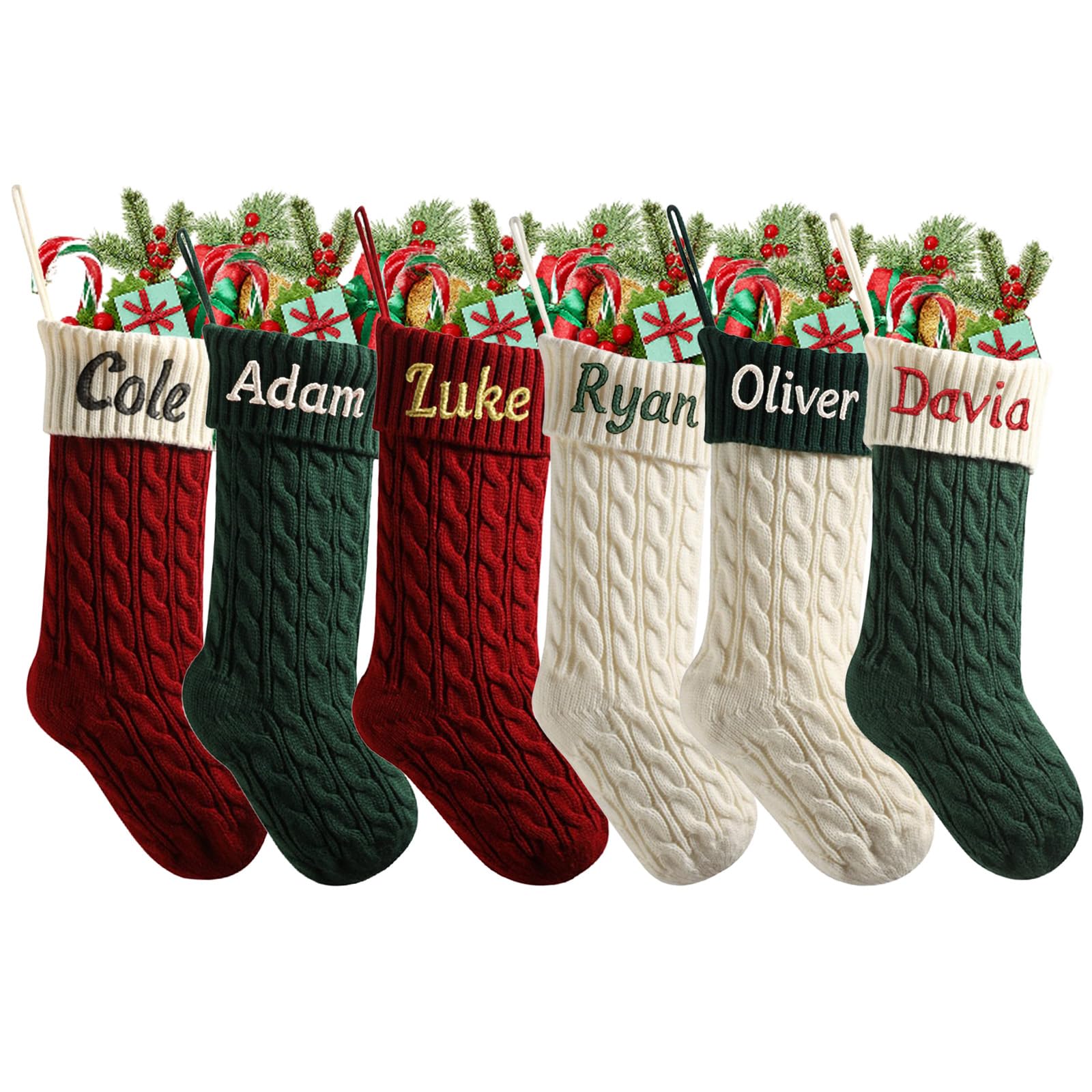 mememom Personalised Christmas Stockings with Embroidered Name,18 inch Large Knitted Christmas Stocking for Family, Custom Embroidered Xmas Stocking for Kids, Holiday Party Decoration(Style 3-4 Pack) — image 1