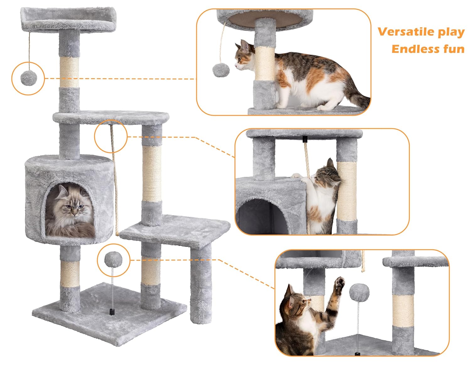 Diagram illustrating various play activities on the cat tree, including a cat playing with a spring toy ball, a cat interacting with a dangling ball, and a cat on a platform.