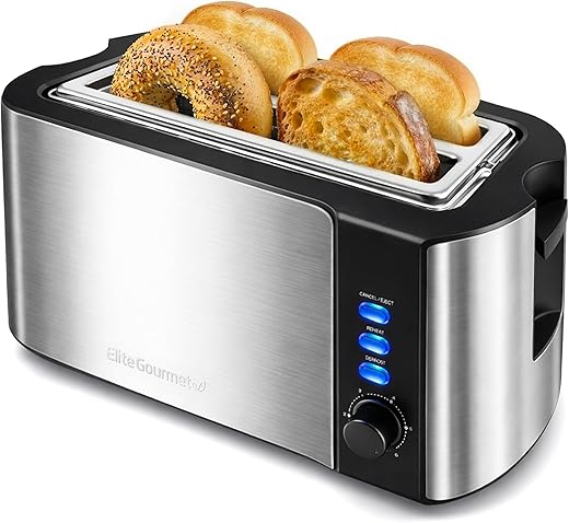 Elite Gourmet ECT-3100 Long Slot 4 Slice Toaster, Reheat, 6 Toast Settings, Defrost, Cancel Functions, Built-in Warming Rack, Extra Wide Slots for Bagels & Waffles, Stainless Steel & Black