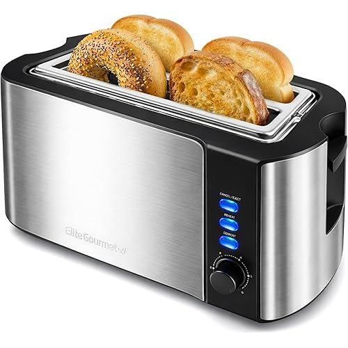 Elite Gourmet ECT-3100 4-Slice Long Slot Toaster | Extra Wide Slots for Bagels, Sourdough & Texas Toast | 6 Browning Settings | Reheat, Defrost & Cancel | Built-In Warming Rack | Stainless Steel