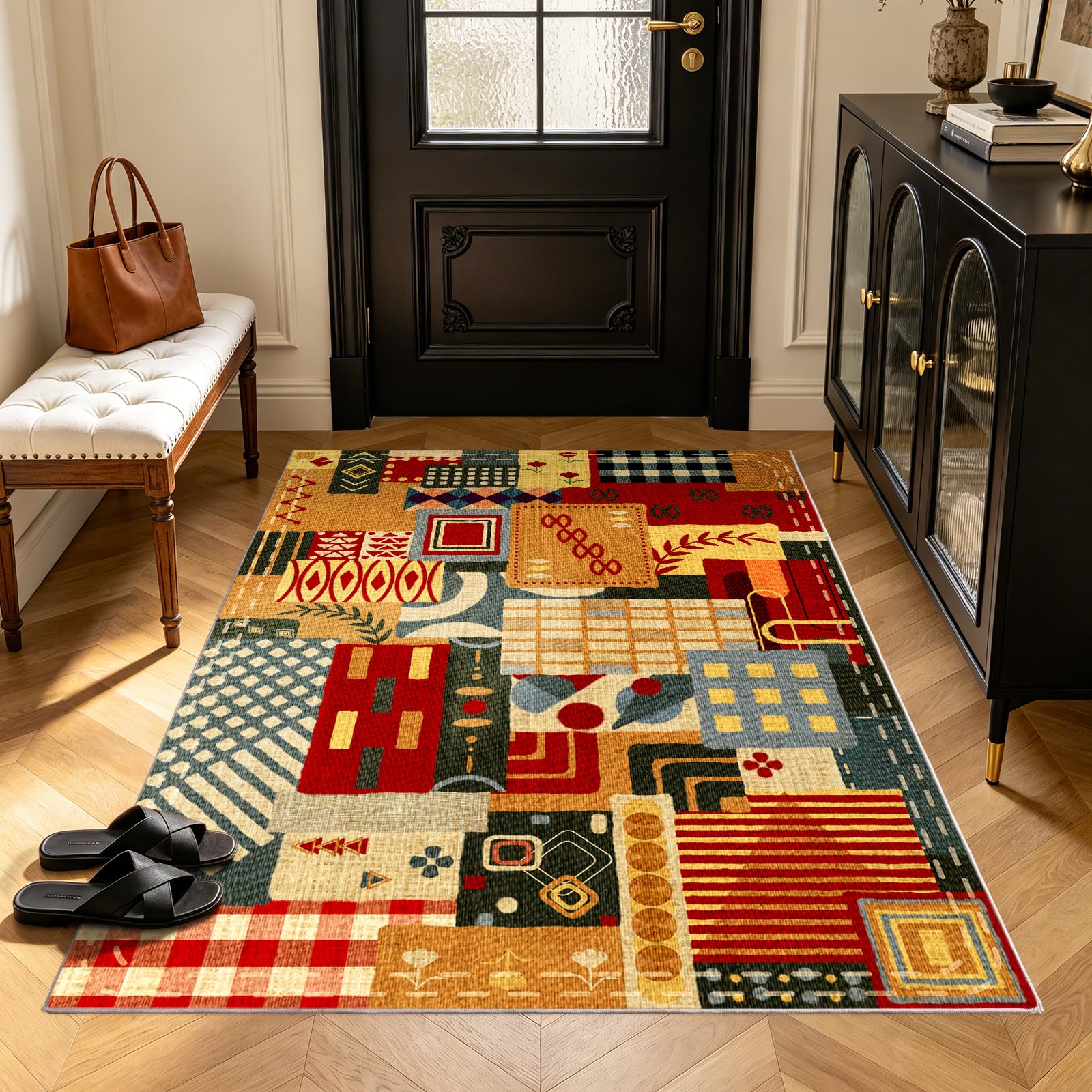 Rezutan Washable Rugs for Bedroom 80x150cm Geometric Boho Patchwork Rug