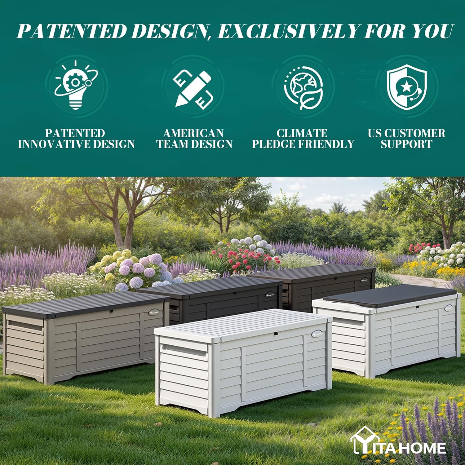 YITAHOME 120 Gallon deck box filled with various cushions, demonstrating its large storage capacity.