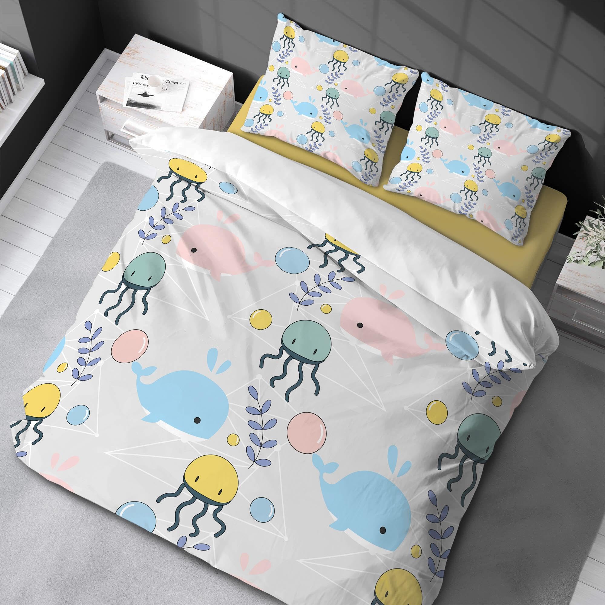 Ensemble de couette décor feuilles géométriques lit double pour enfant