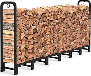 Garvee 8 ft Metal Firewood Rack, Adjustable Fire Wood Rack with 2 Lock Rings, Indoor Outdoor Log Holder, Heavy Duty Firewood Holder, Holds Up to 660 LB, Matte Black