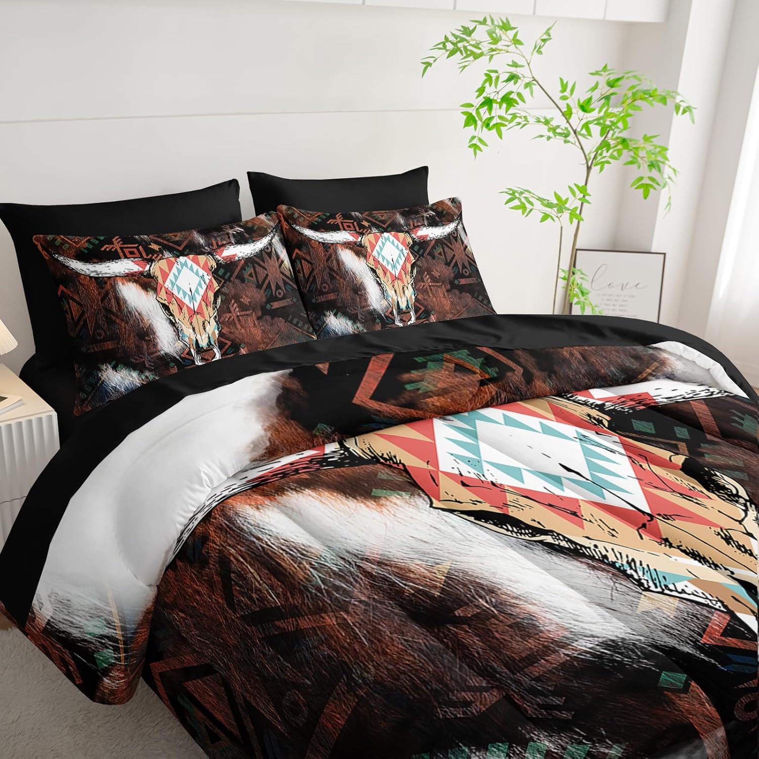 Axolotl Western Cow Comforter Set Twin for Adults,Highland Cattle Skull Bedding Set Boho Quilt 7Pcs Aztec Southwestern Farmhouse Bed Set with 1 Comforter,1 Flat Sheet,1Fitted Sheet,4 Pillowcases