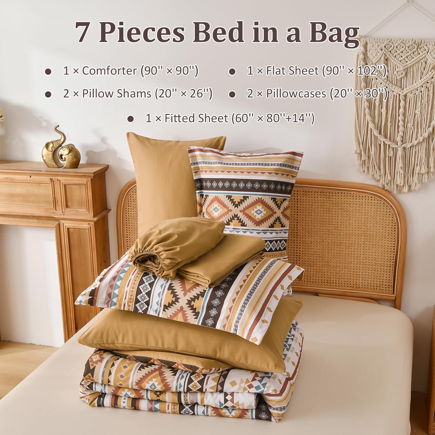 Dinjoy Beige Brown Boho Comforter Set Queen Size,7 Pieces Bed in a Bag Queen Khaki Aztec Bedding with Sheets Bohemian Geometric Striped Complete Set for Fall Winter 90"×90" - Image 5