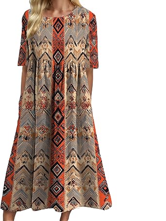2025 Summer Casual Short Sleeve Boho Maxi Dresses for Women Vintage Floral Graphic Renaissance Dress with Pockets