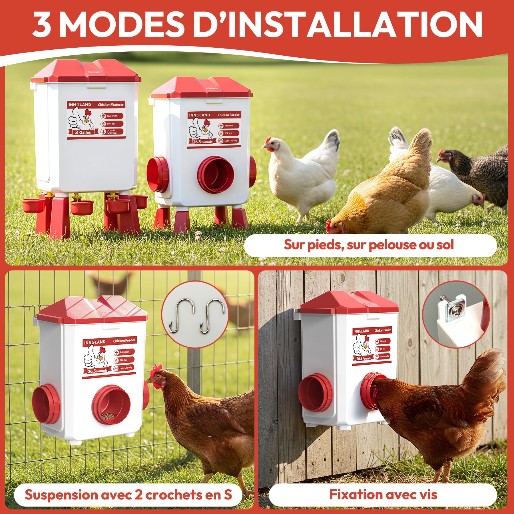 Mangeoire Poules et Abreuvoir Poules Automatique – 12 Kg / 11 L, Mangeoire Poule Anti Nuisible 4 Coupelles & 3 Ports d’Alimentation, Distributeur de Nourriture Anti-Gaspillage