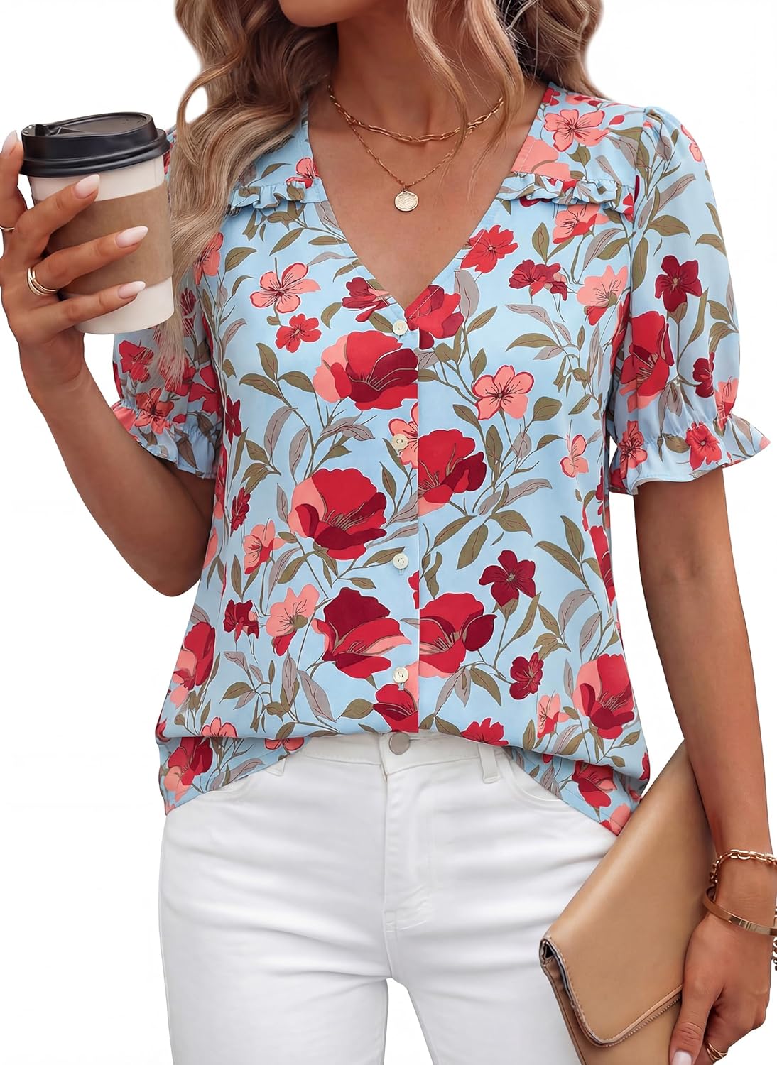 PRETTYGARDEN Womens Boho Tops Summer 2026 V Neck Puff Sleeve Casual Button Down Ruffle Floral Blouses Shirts Work Clothes