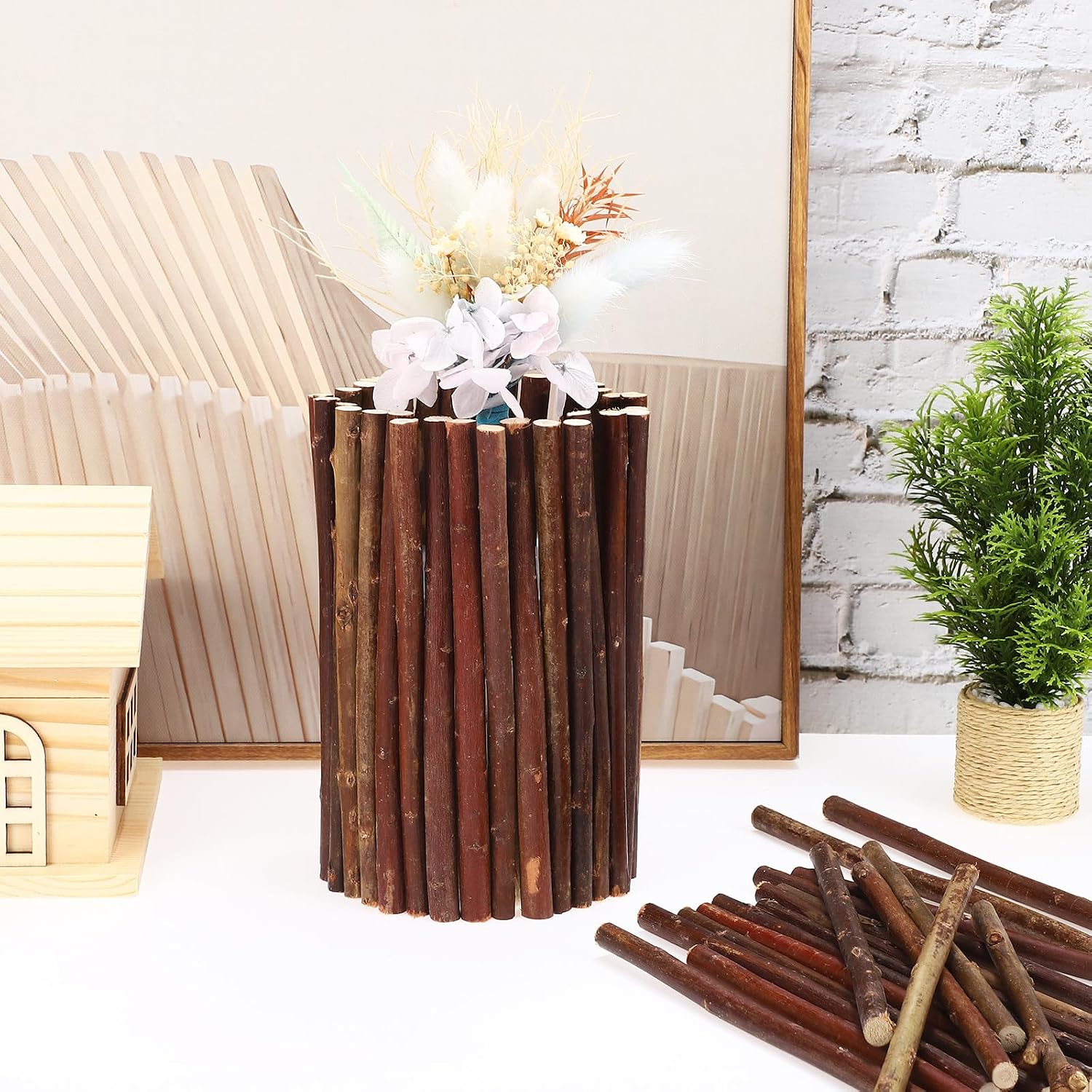 TEHAUX 50-Pack 6-Inch Natural Wood Log Sticks 0.2" Dia with Bark – Ready-to-Cut Craft Twigs for Macrame Frames, Rustic Wedding Centerpieces & DIY Photo Props