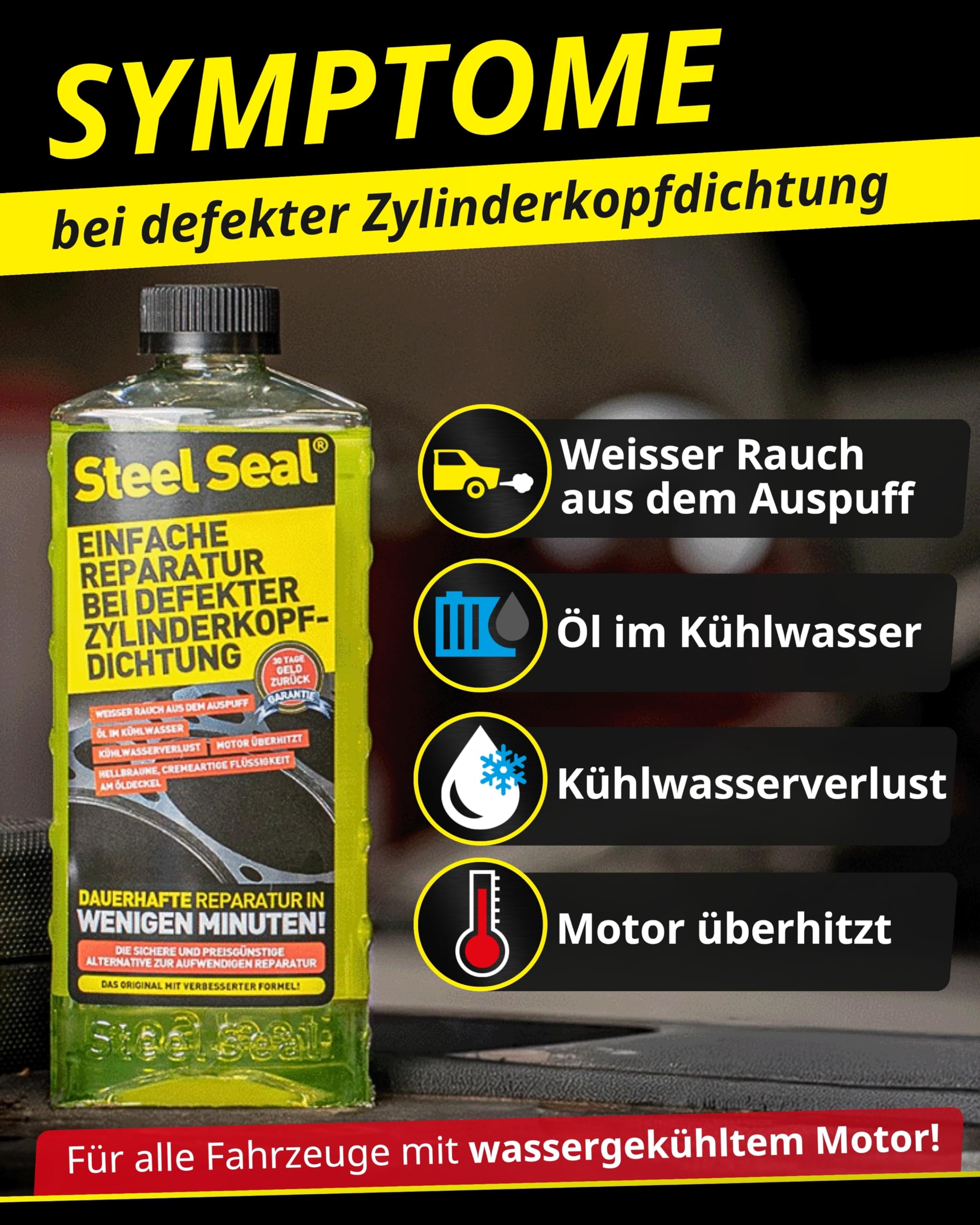 STEEL SEAL Zylinderkopfdichtung Dichtmittel – Zylinderkopfdichtung abdichten, Kühlwasserverlust stoppen & Motorschäden vermeiden – Reparatur ohne Werkstatt für alle wassergekühlten Motoren