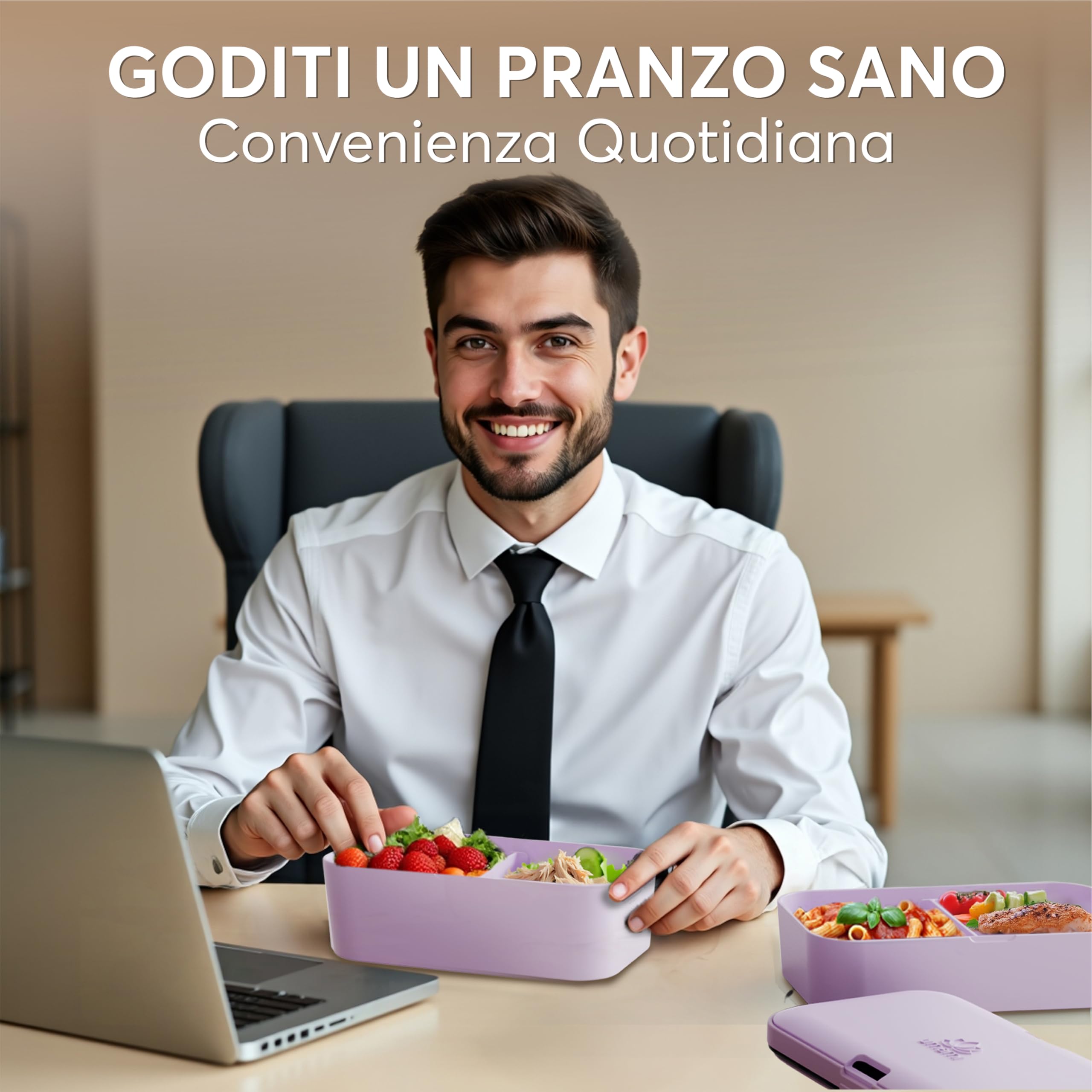 Umami Porta Pranzo Adulti Ermetico, Bento Box con Scomparti e 4 Posate | 1500 ml, impilabile e componibile, microonde e lavastoviglie, ideale per ufficio, picnic, schiscetta Lavanda Viola