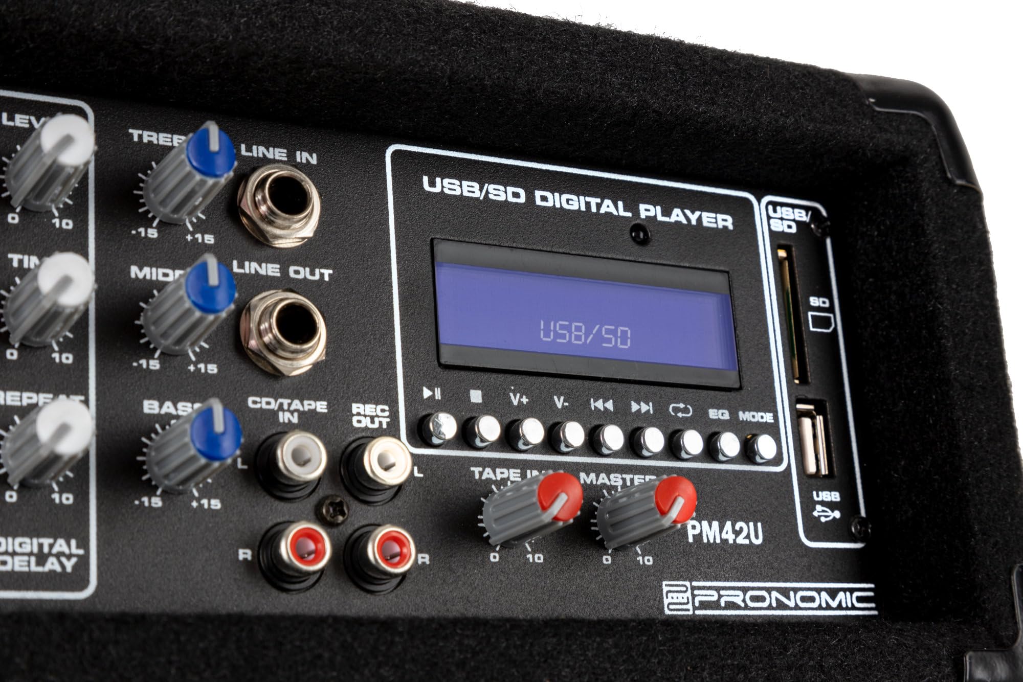 Pronomic PM42U MKII MP3 Powermixer, Entrée jack 6, 35 mm asymétrique | Entrée XLR symétrique pour micros dynamiques, Réglages d’effet et de niveau par canal, Time (140 - 342 ms) et Repeat, 5 x 13
