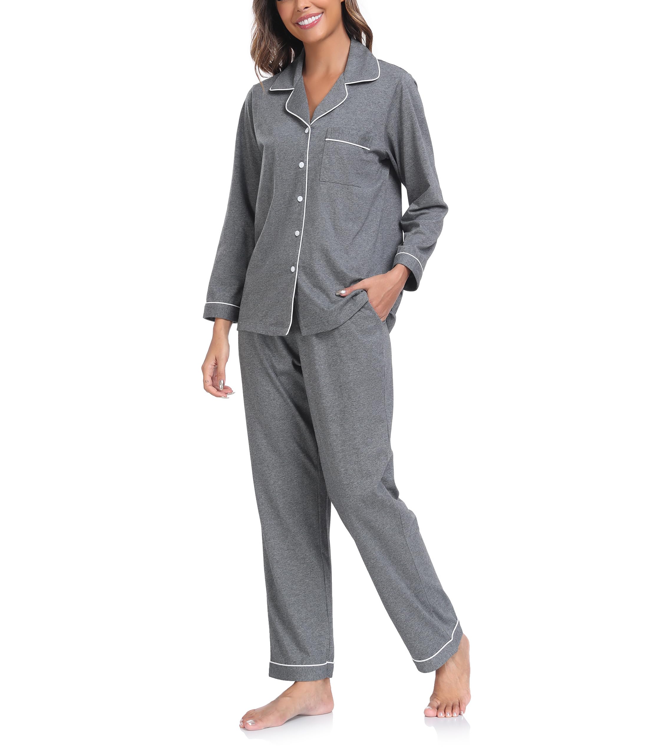 COLORFULLEAF Pigiama da donna, 100% cotone, con bottoni, a maniche lunghe, set da 2 pezzi, biancheria da notte