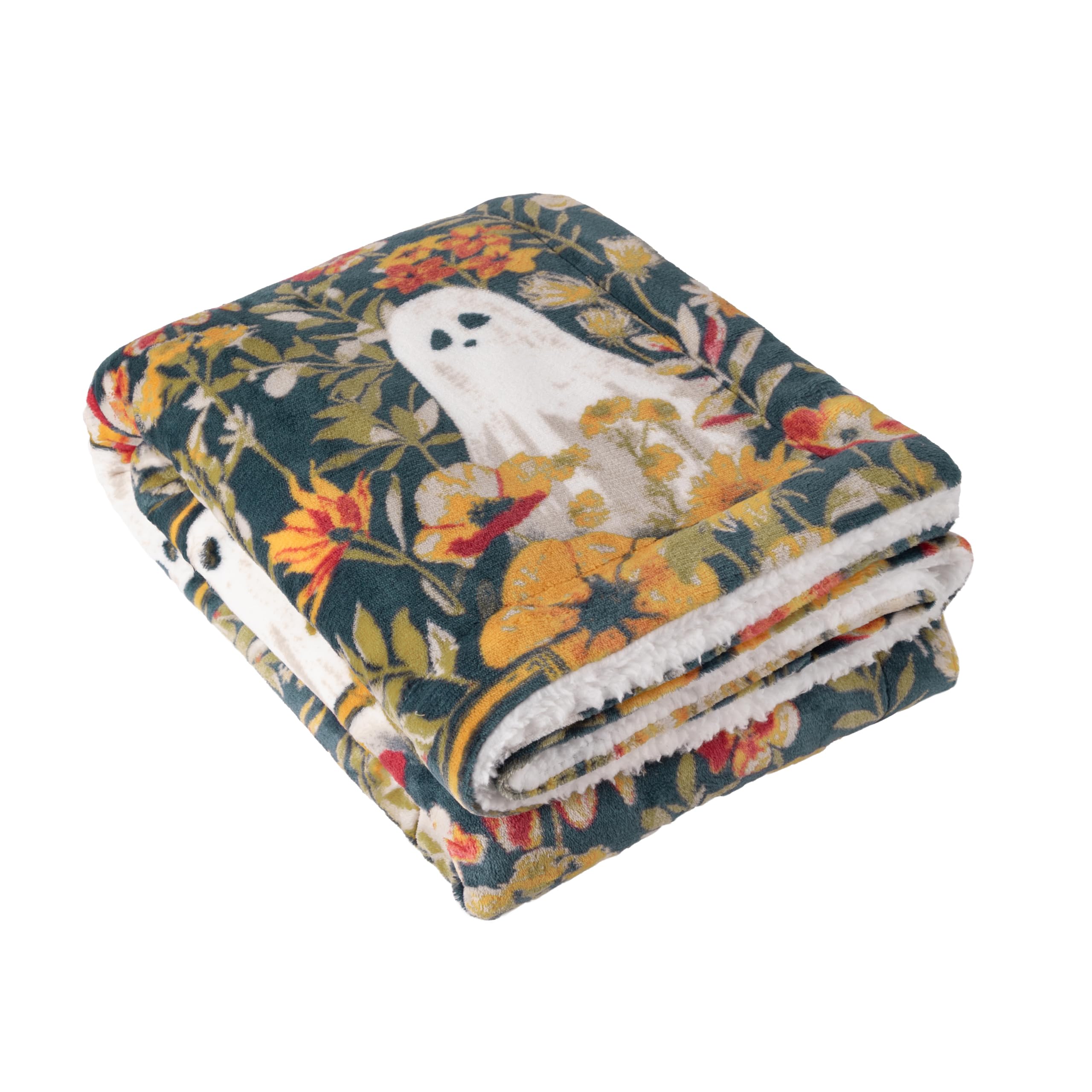 furn. Bootanical Throw – Autumnal Floral Halloween Ghost Sherpa Fleece Blanket (Multicolour - 130x180cm)