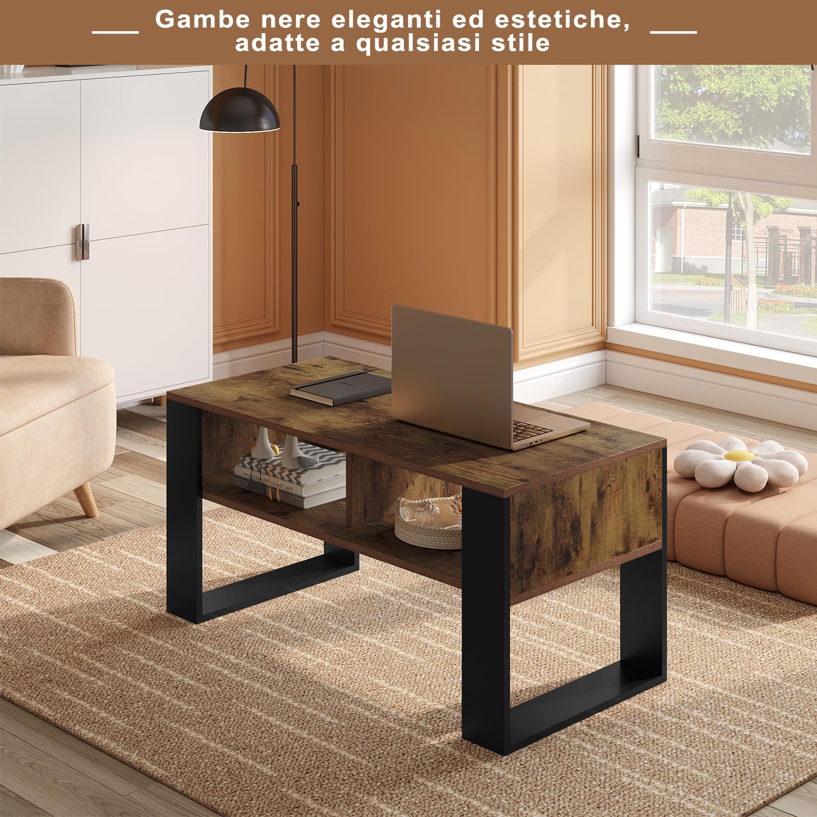 WOLTU Tavolino da Salotto/Divano con 2 Scomparti Aperti, Tavolino Basso, Tavolo Laterale per Soggiorno, Camera da Letto, in Legno, Marrone Rustico + Nero, 90x45x45 cm, BTS16hov