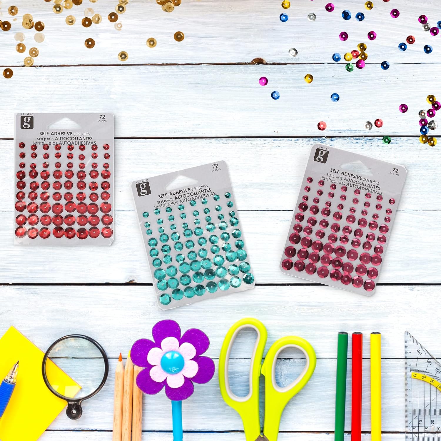 Hampton Art Studio G Self Adhesive Sequins 72 Pack, Assorted Colors Craft Embellishments for Card Making, Scrapbooking, DIY Decorations and Paper Crafts