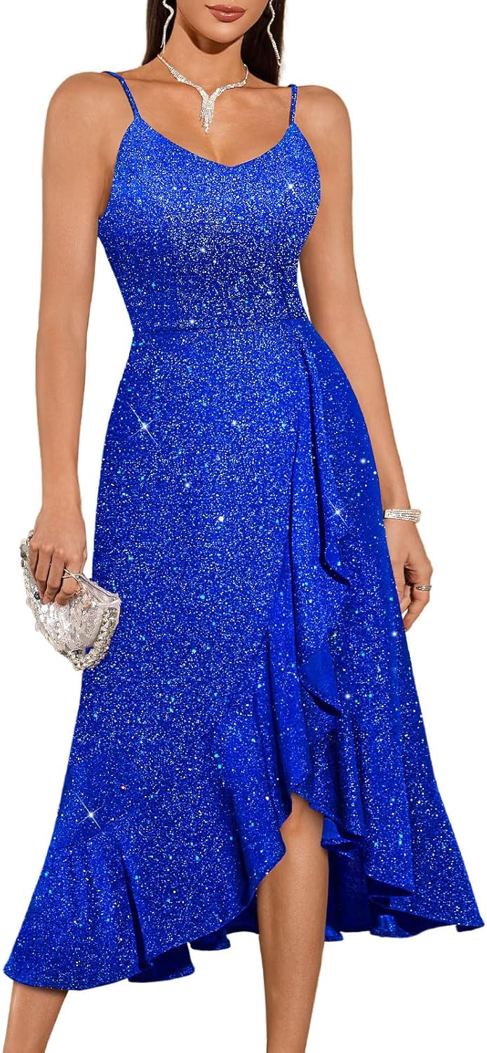 DRESSTELLS Women's Sequin Formal Wedding Guest Dresses, Sparkly Cocktail Party Evening High Low Dress