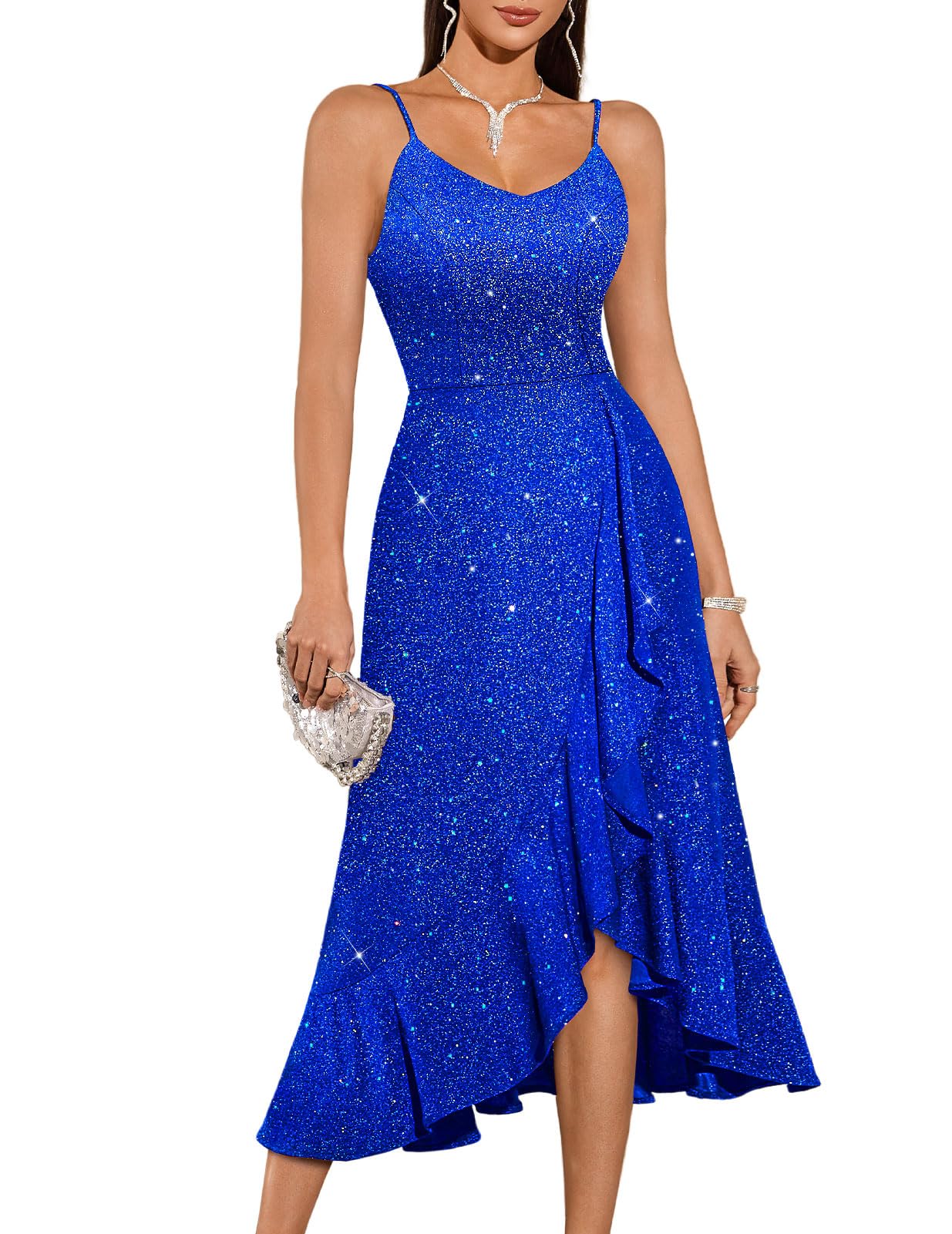 Women's Sequin Formal Wedding Guest Dresses, Sparkly Cocktail Party Evening High Low Dress