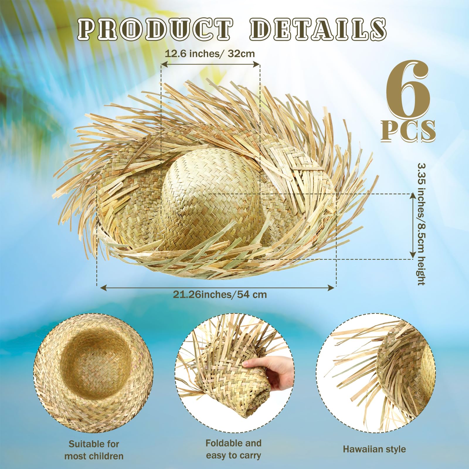 Twistover 6 Pack Hawaii Straw Beach Hat Costume Accessory Beachcomber Hats for Kids Straw Farmer for Girls Boys Beach Themed Luau Party Khaki