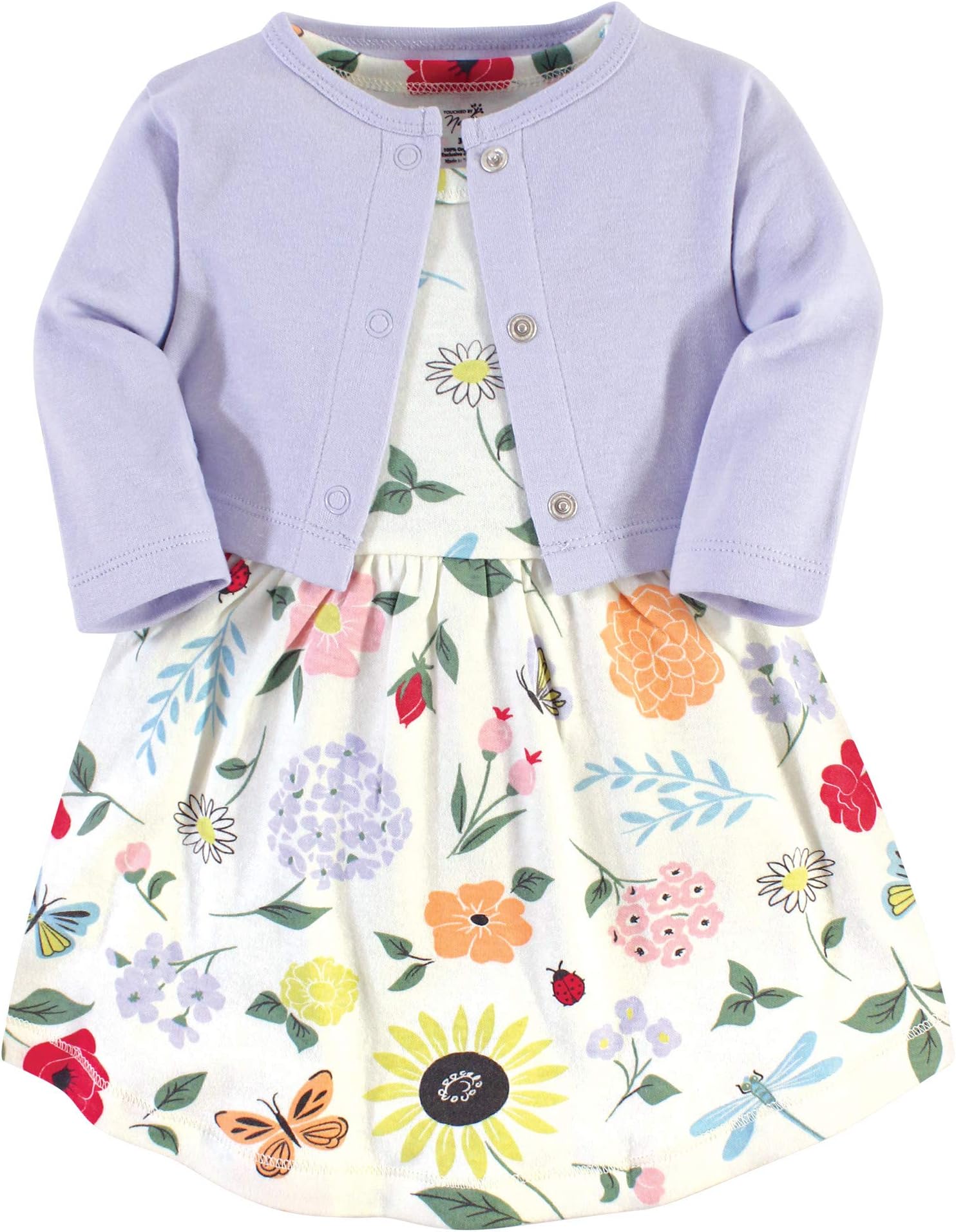 Touched by Nature Infant Toddler Girls Organic Cotton Dress and Cardigan, Rainbows Sunshine
