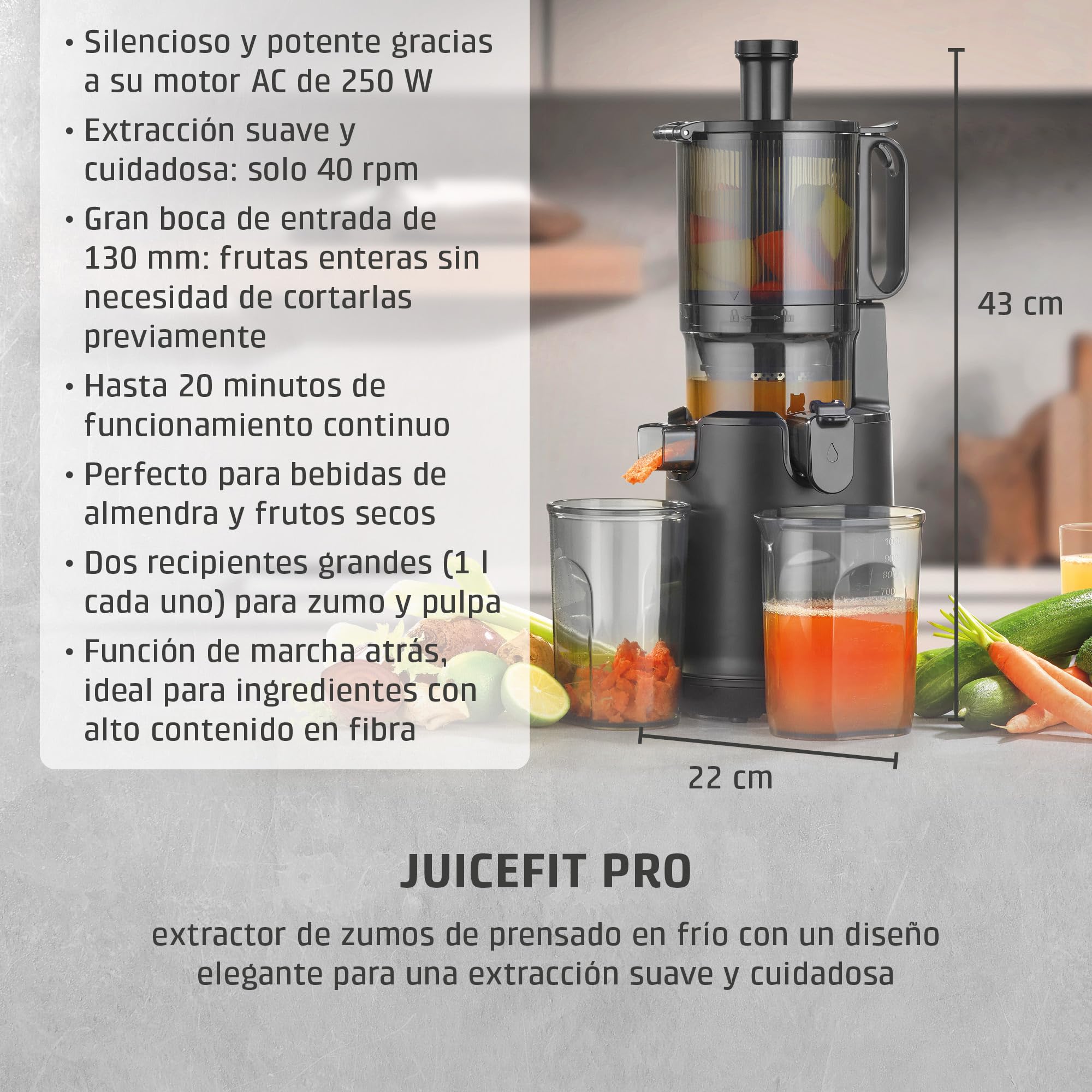 CASO JuiceFit Pro - Licuadoras para zumos y batidos - Slow Juicer con 40 RPM de Velocidad - Abertura grande para frutas enteras - 30% más de jugo - Tamaño Compacto - Jarra 1.000 ml, negra