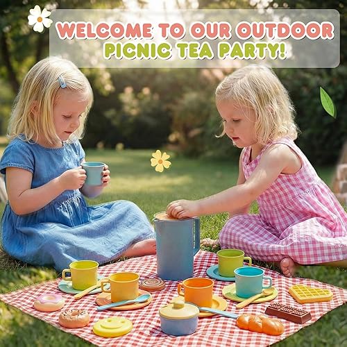 Miniatura 6 de HERSITY Cesta de pícnic, juguetes para niños pequeños, juegos de té con tetera, taza de té, postre y alfombra, accesorios de cocina, juego de
