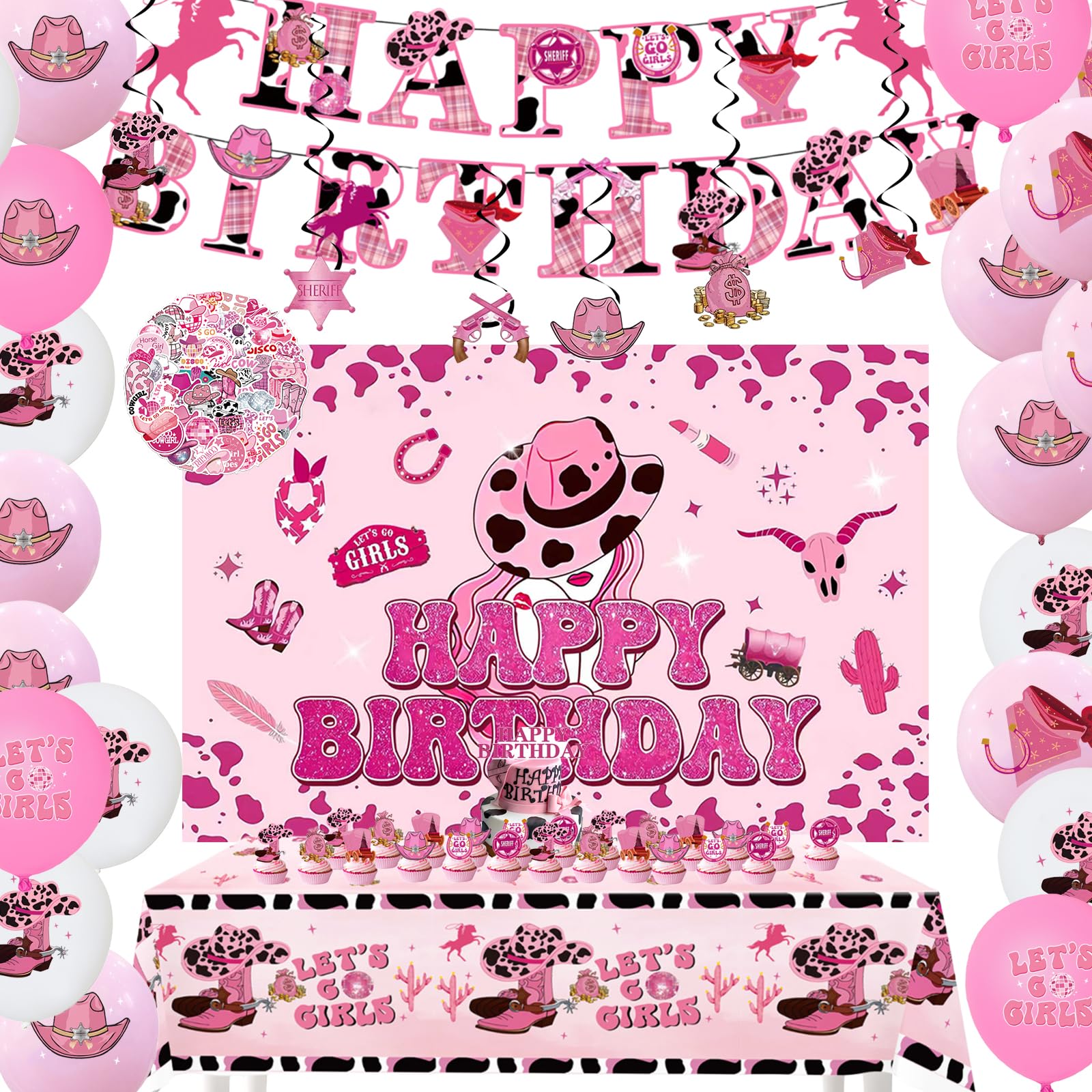 Photo 1 of ***Photo and description for reference purposes only*** Decorations for Cowgirl-Themed Birthday Parties — Western Disco Style Party Kit featuring a banner, plates, cups, cutlery, balloons, and a tablecloth.