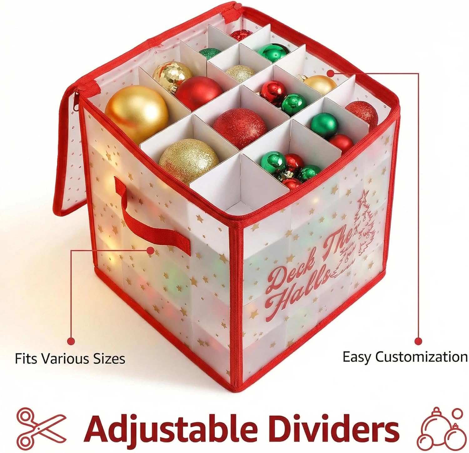 2-Pack Christmas Ornament Organizer Box with Adjustable Dividers for 64 Balls - Frosted Holiday Decor Storage Container, Space-Saving Plastic Christmas Ornaments Protection