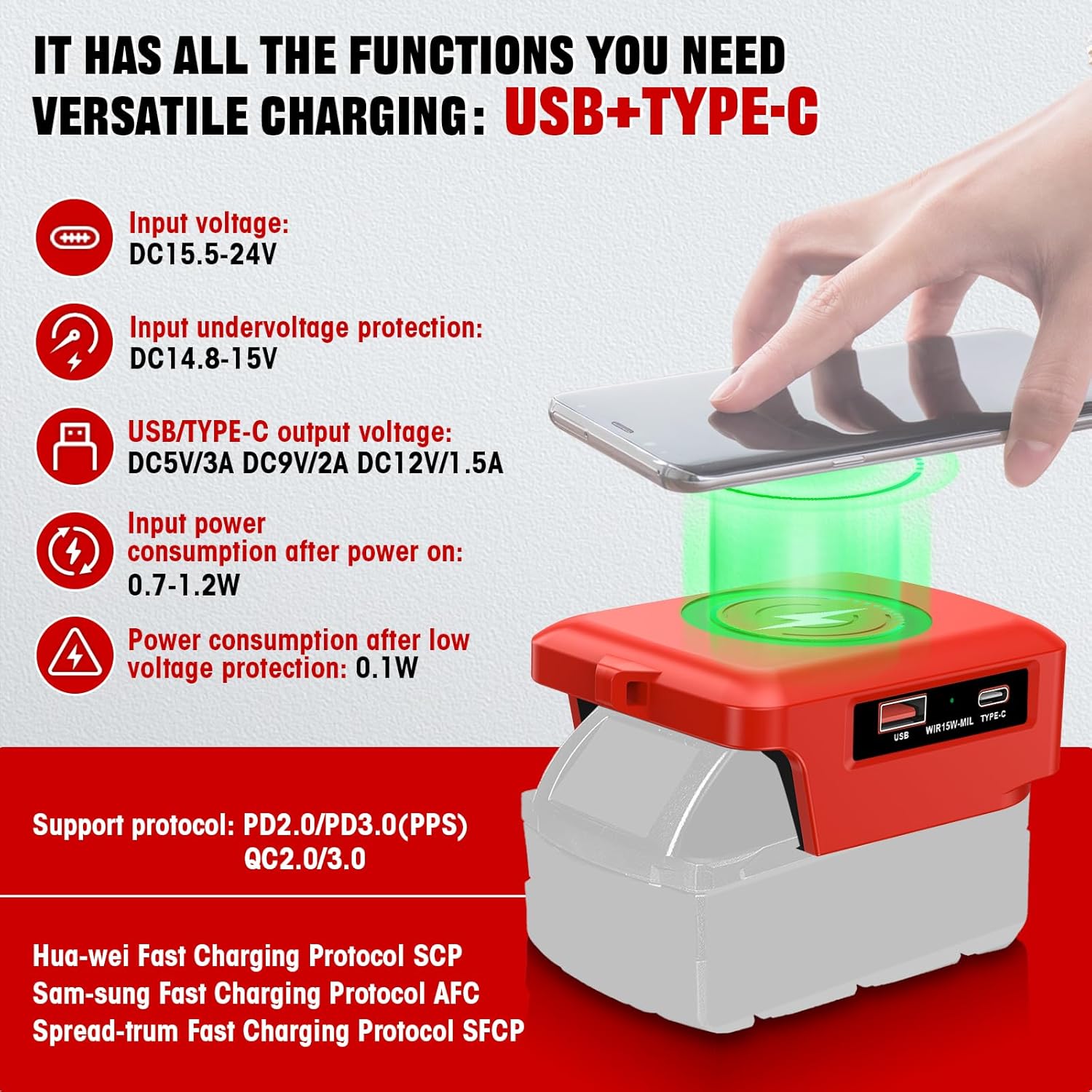 Wireless Charger Compatible with Milwaukee 18V M18 Battery,15W Cell Phone Charging Station for AirPods 4 3 Pro for iPhone for Samsung,with USB and Type-C Output Port Wireless Charging Station - Image 3