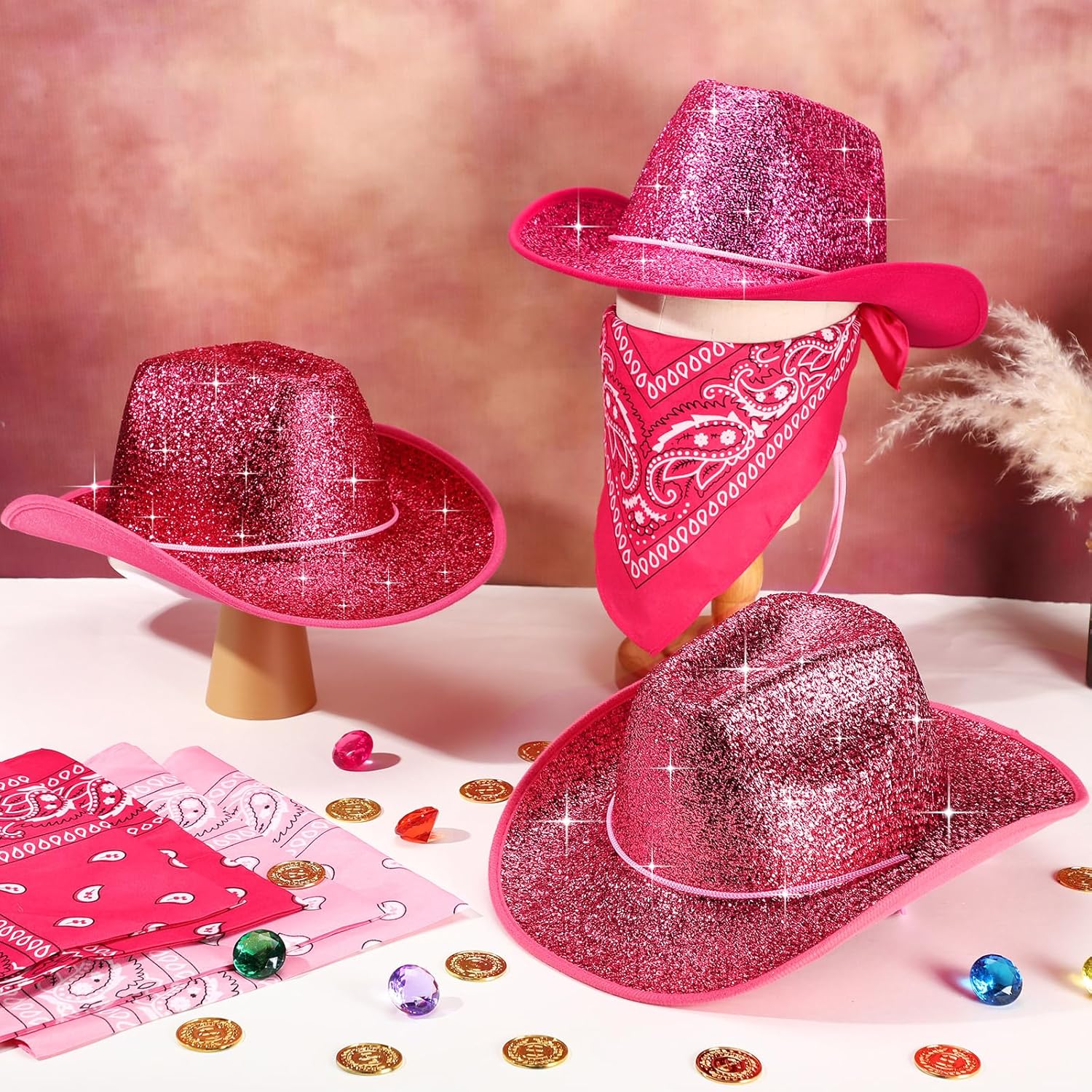 Coume 12 Pcs Sparkly Adults Cowboy Hat and Bandanas Women Men Western Glitter Cowgirl Party Hats with Adjustable Drawstring - Image 2