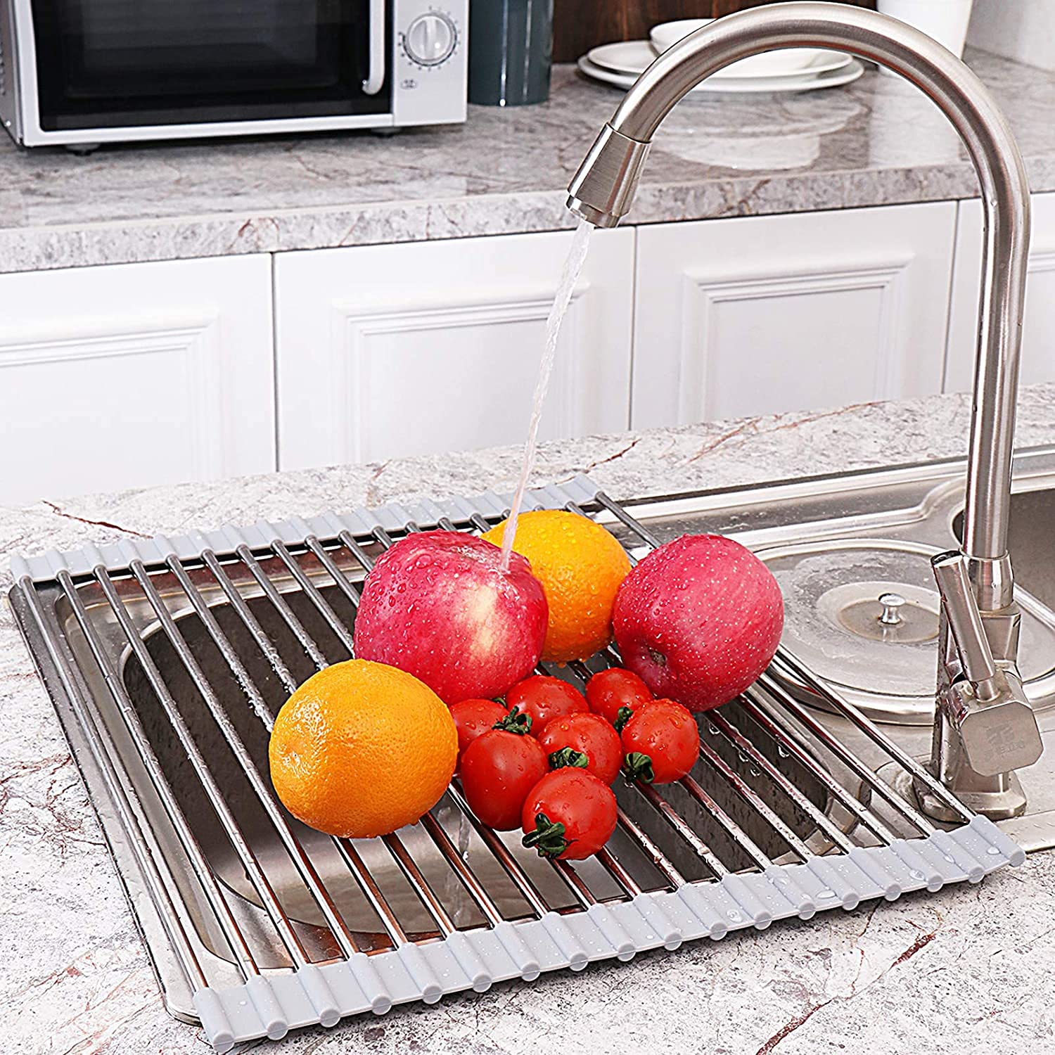Roll Up Dish Drying Rack Large Over the Sink Dish Rack, Kitchen Sink Rack Stainless Steel Silicone Coated Foldable Multipurpose Kitchen Dish Drainer Gray (20.5'' x 13.7'')