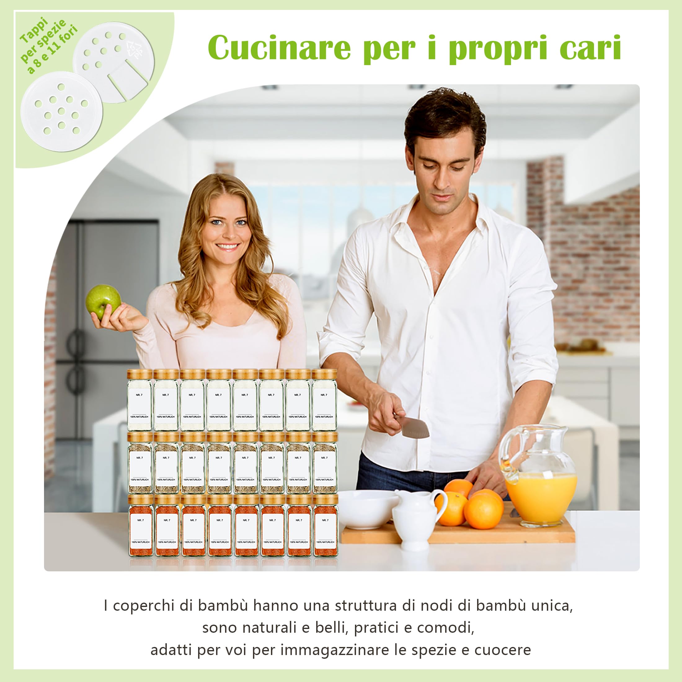 SAEIV Barattoli Spezie Quadrati 12x120ml Barattoli Vetro con Coperchio Bambù Naturale, Barattoli Spezie con 40 Etichette Bianche/Nere, 2 Tipi di Coperchi Spruzzatura, Imbuto Acciaio Inox e Pennarelli