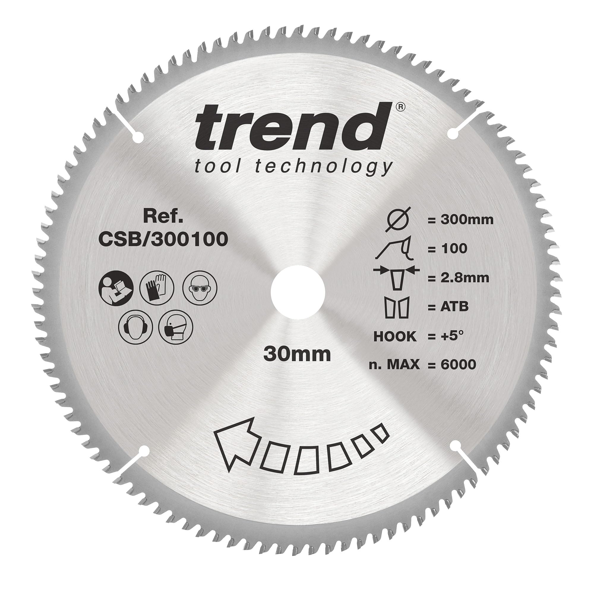 Trend Tarcza pilarska do drewna 300x30 mm, 100T TCT 2,8 mm +5° | Czyste, extra-drobne cięcia poprzeczne w drewnie: 100 zębów TCT, szczelina 2,8 mm, hak +5°, CSB/300100.